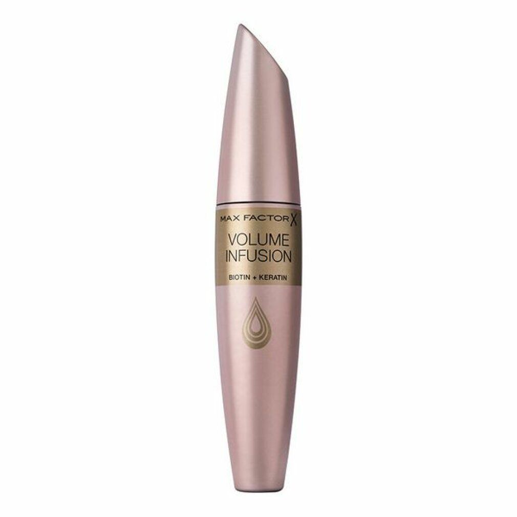Mascara Max Factor Volume Infusion Nero. Tubo rosa con etichetta dorata. Scritta: Volume Infusion, Biotin + Keratin.