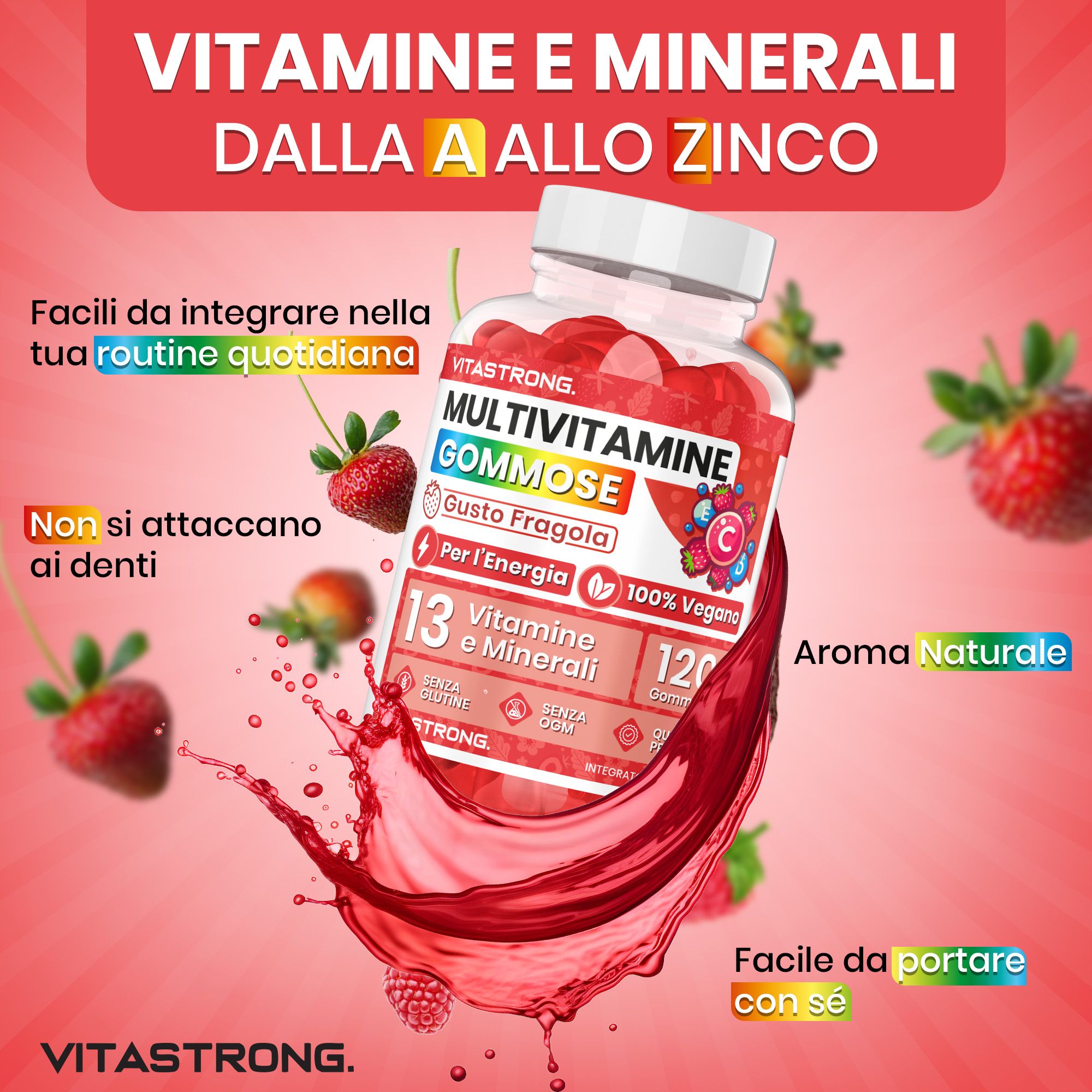 Vitastrong Multivitamine Gommose, gusto fragola, 120 pezzi. 13 vitamine e minerali. Facili da integrare nella routine quotidiana.