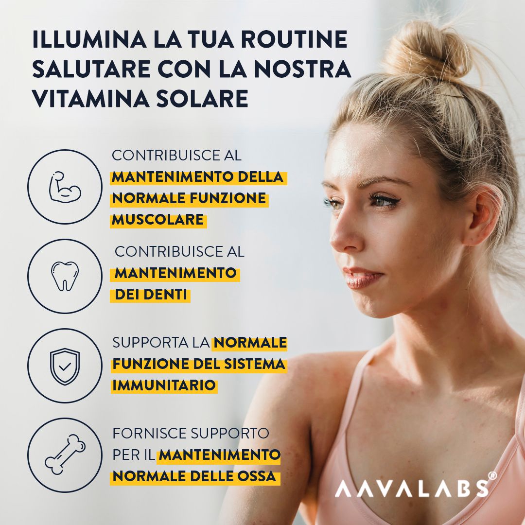 Donna con informazioni sui benefici della vitamina D3. Contiene simboli per muscoli, denti, sistema immunitario e ossa.