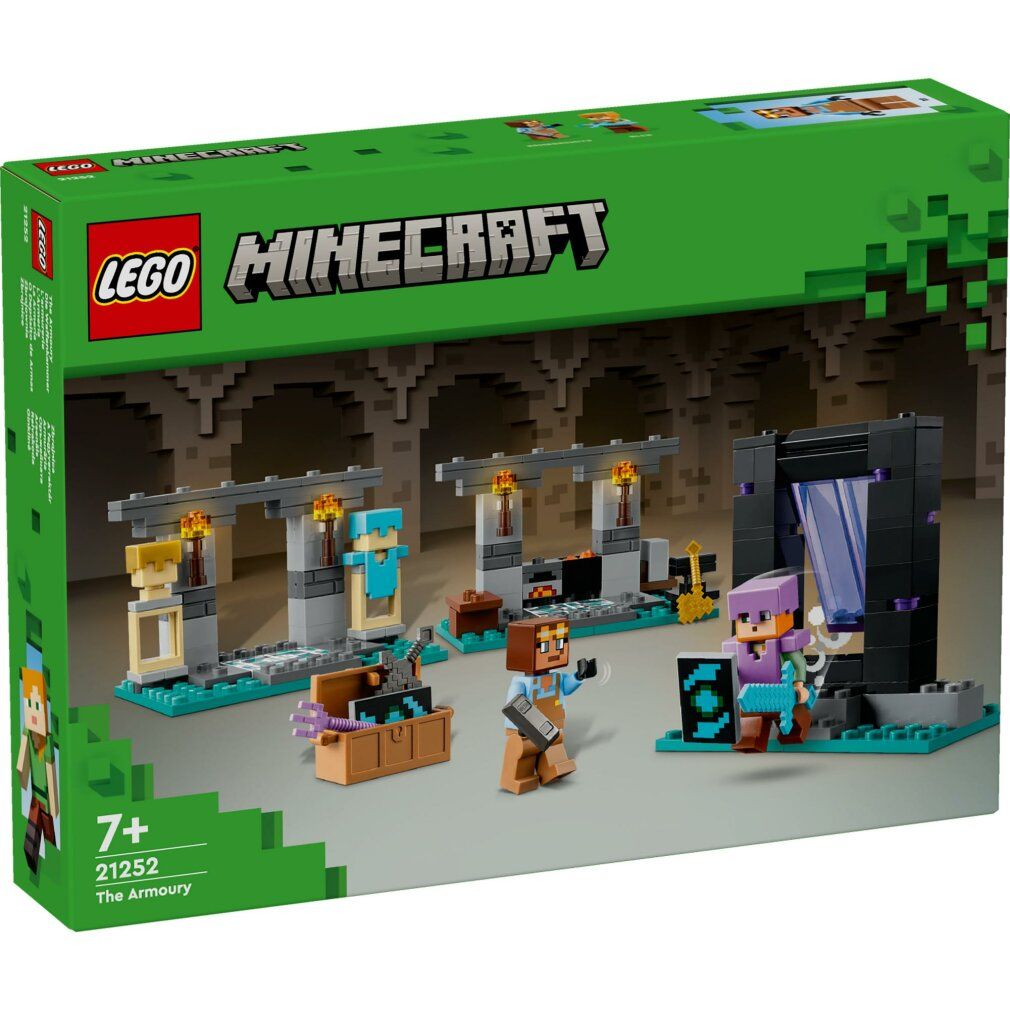 Set LEGO Minecraft. Confezione verde, mostra il set con personaggi, armi ed edifici. Età consigliata 7+. Include un'armeria.