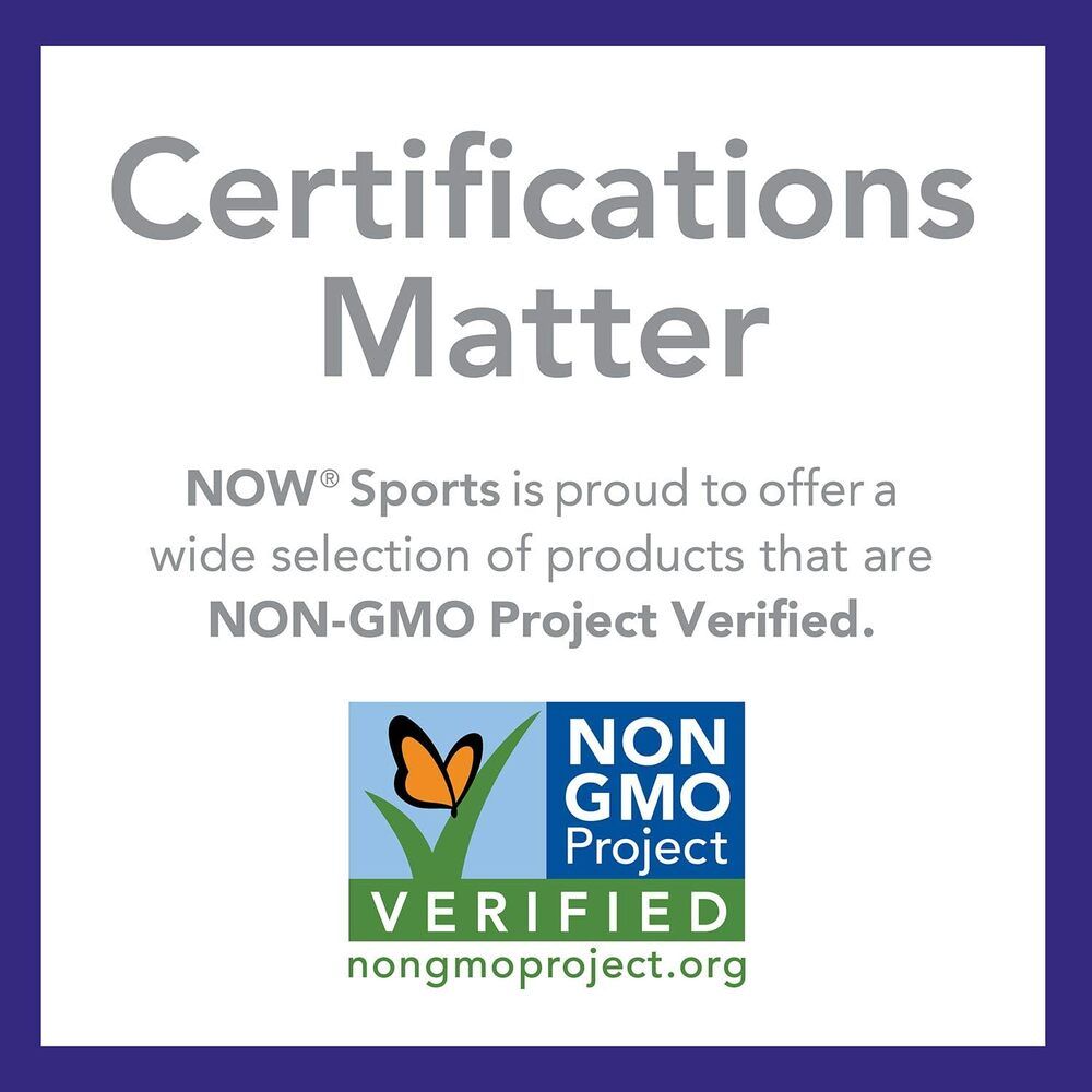 Quadrato con testo: Certifications Matter. Logo: NON GMO Project VERIFIED. Testo: NOW® Sports offre prodotti NON-OGM.