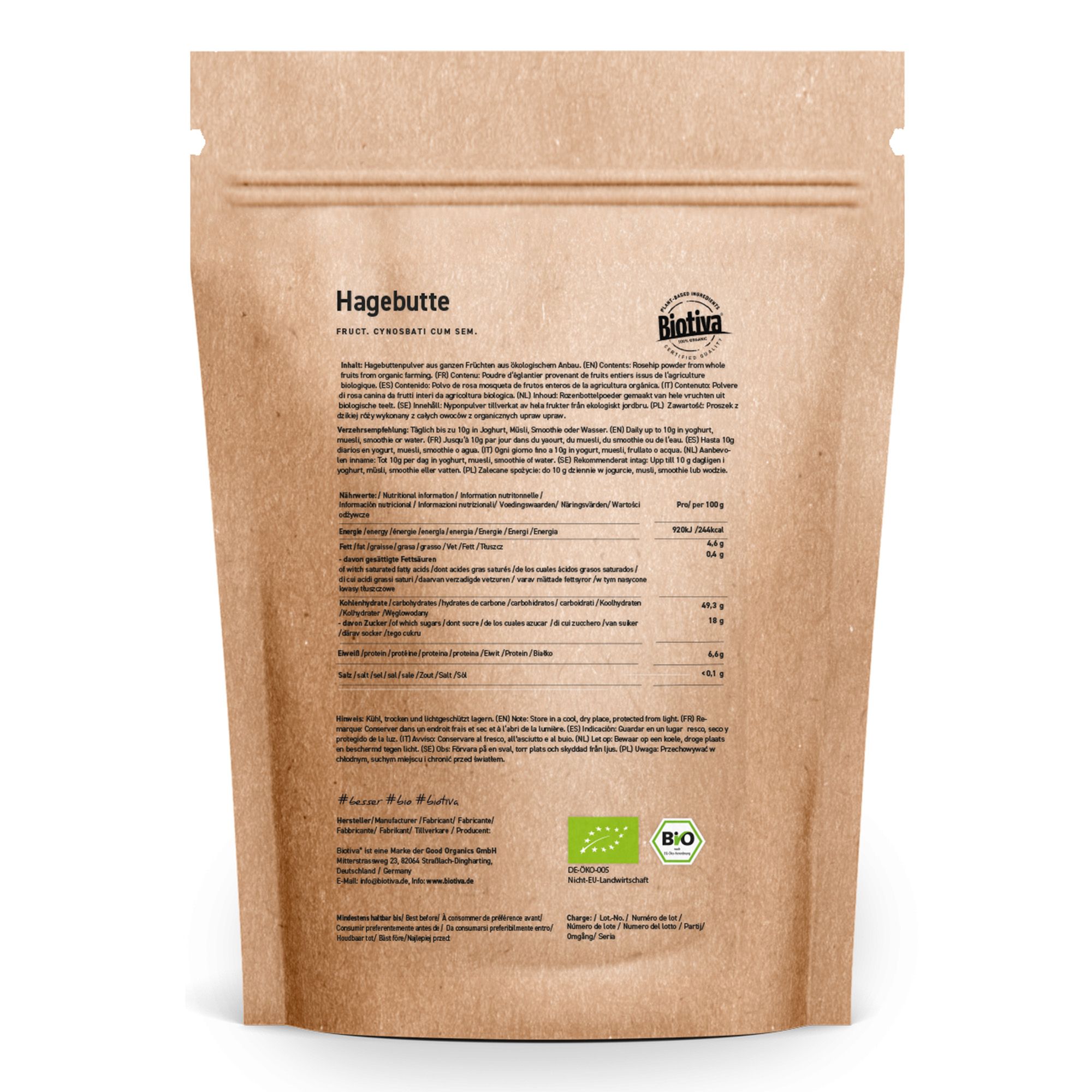 Retro di una busta di carta marrone. Testo con informazioni nutrizionali e sigillo bio.