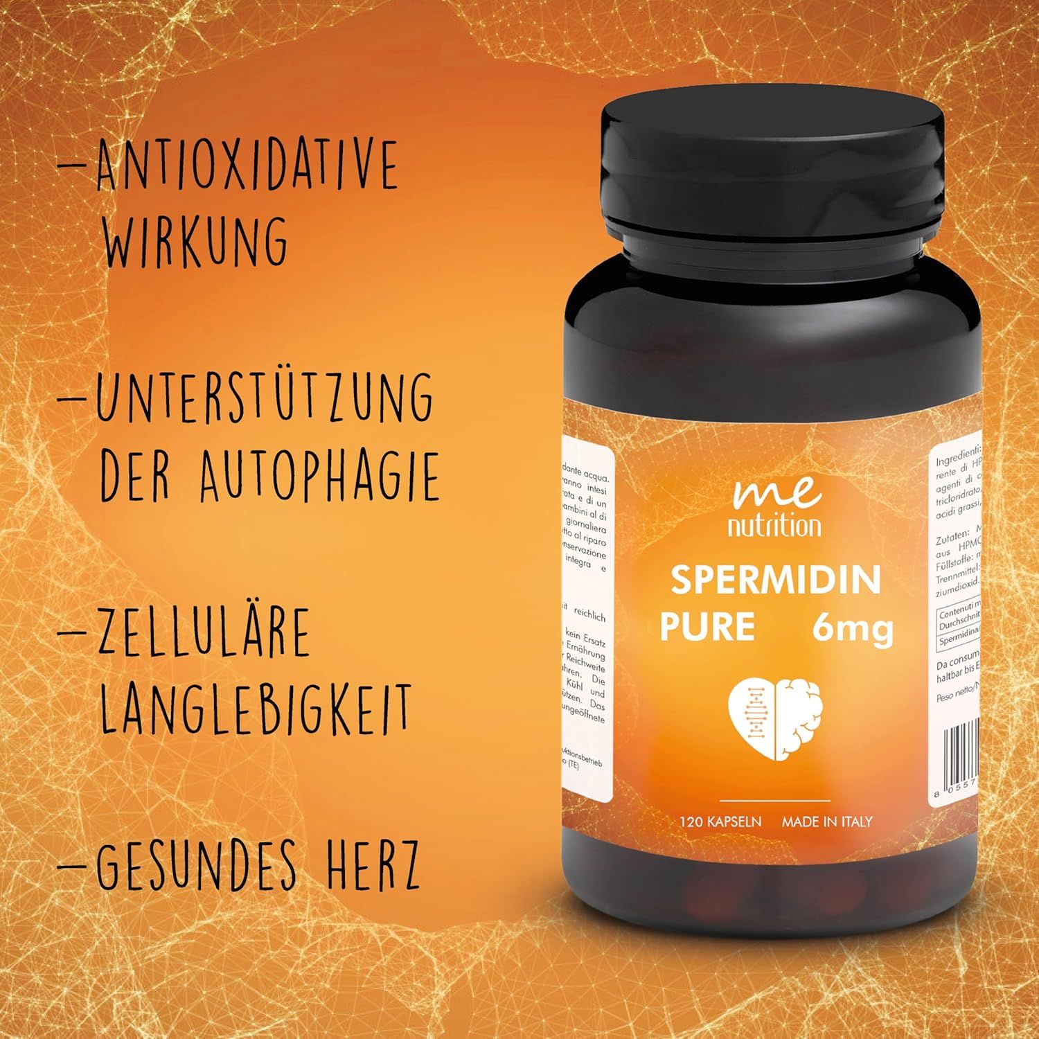 Flacone marrone con capsule. Testo: Spermidina Pure 6mg. Vantaggi: antiossidante, supporta l'autofagia, longevità cellulare, cuore sano.