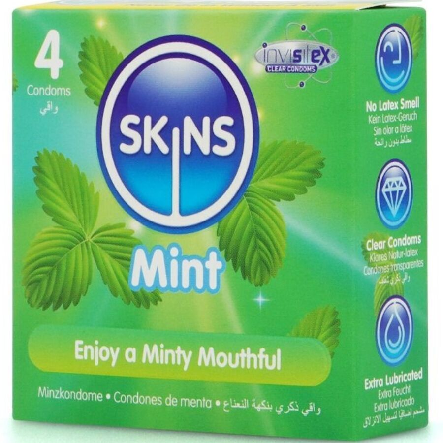 Confezione da 4 preservativi SKINS Mint. Design verde e blu con foglie di menta. Scritta: Enjoy a Minty Mouthful.