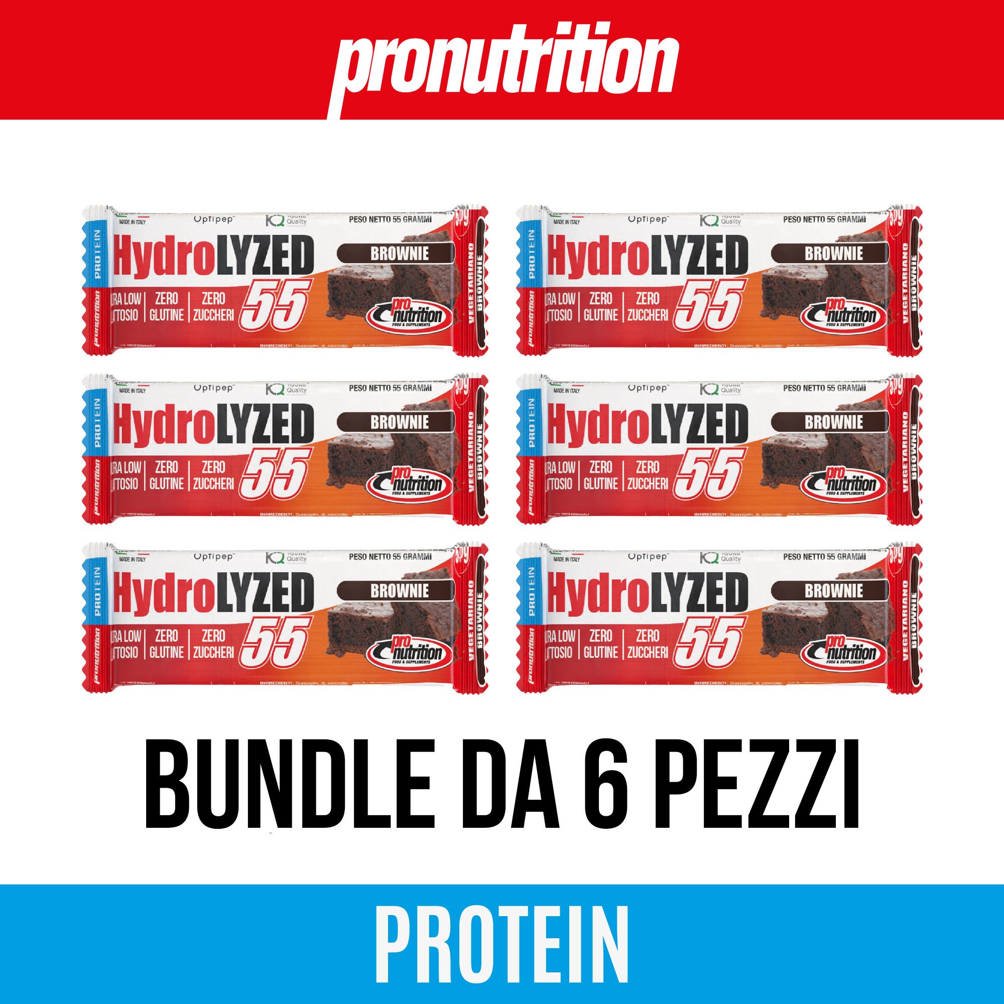 Sei barrette proteiche confezionate. Scritta: HydroLYZED, Brownie, Zero zuccheri, Senza glutine. Marchio: Pronutrition.