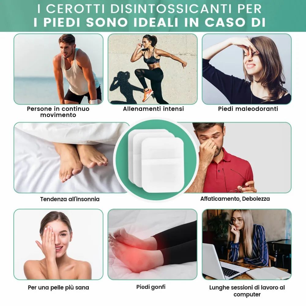 Immagini di persone in varie situazioni. Testo: Stanchezza, piedi pesanti, pelle, ecc. Cerotti.