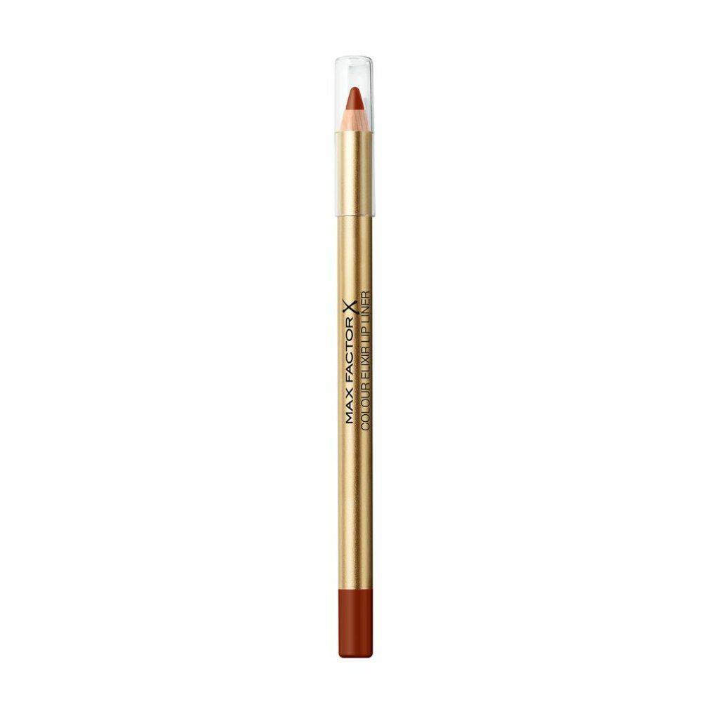 Matita labbra marrone. Matita dorata con cappuccio trasparente. Scritta: Max Factor Colour Elixir Lipliner.