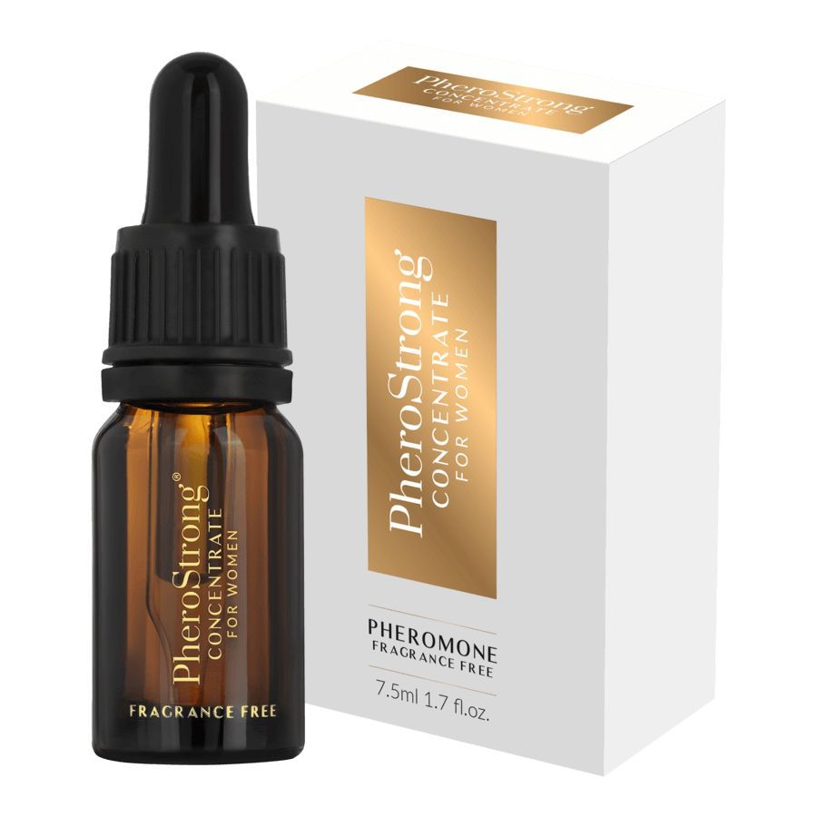 PheroStrong Concentrato di feromoni per donne, flacone contagocce da 7.5ml e scatola.