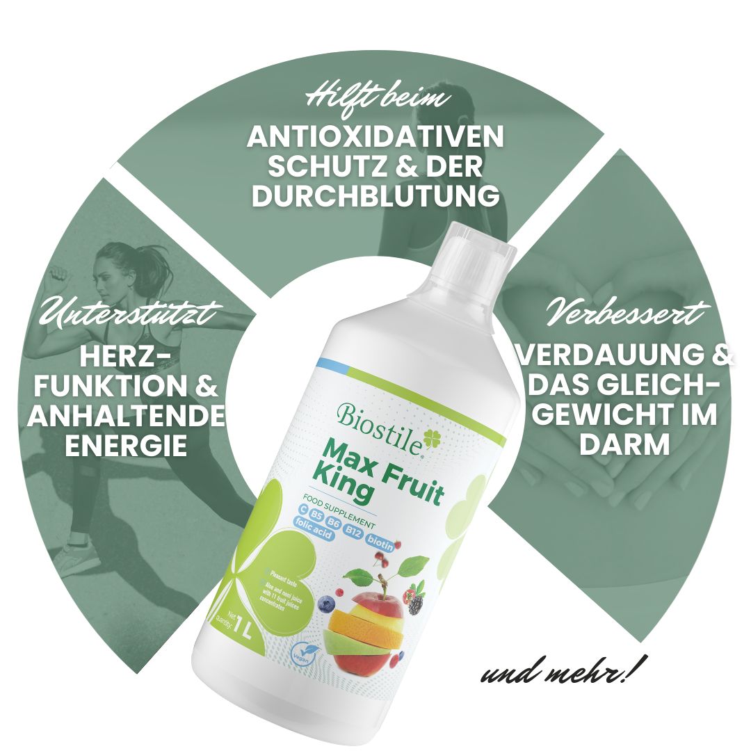 Bottiglia Biostile Max Fruit King da 1L con illustrazione di frutta e testo sui benefici per la salute.