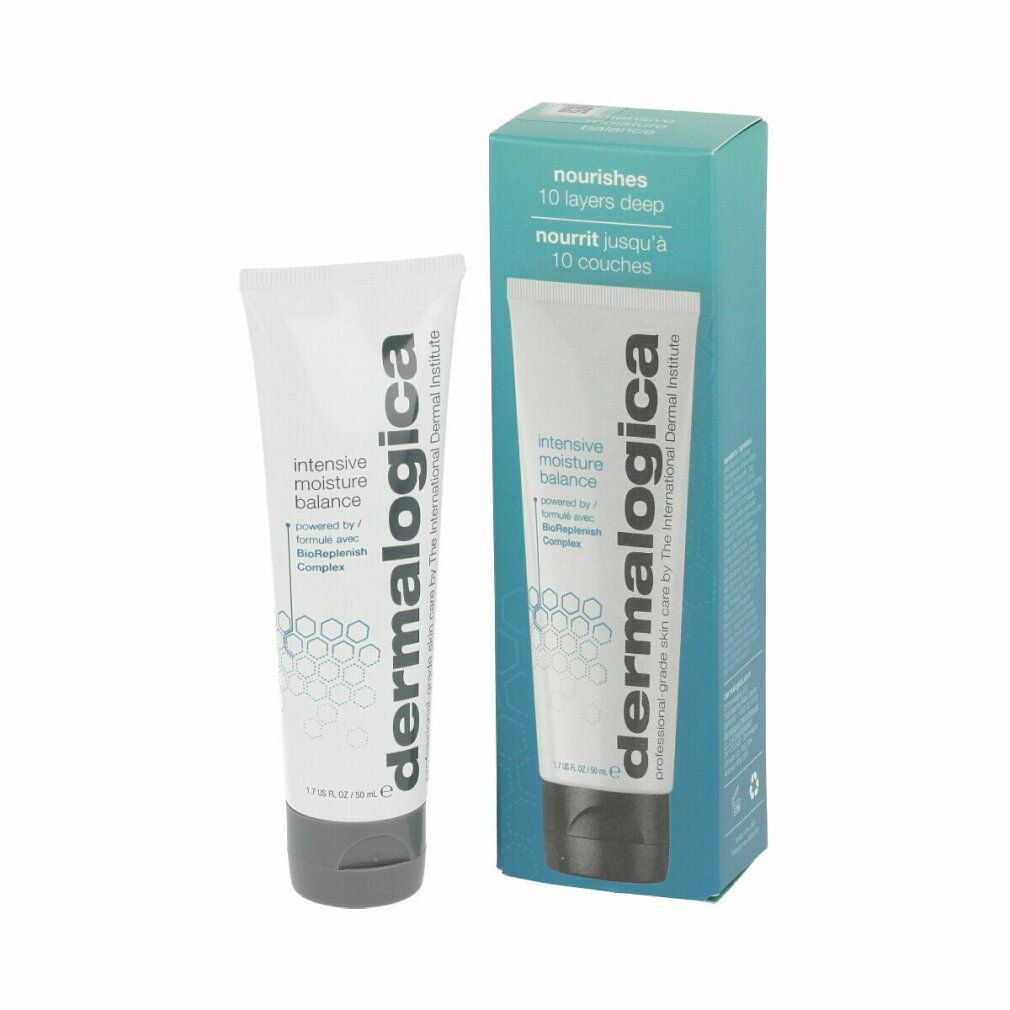 Tubo bianco e scatola blu. Scritta: "intensive moisture balance" e "dermalogica".