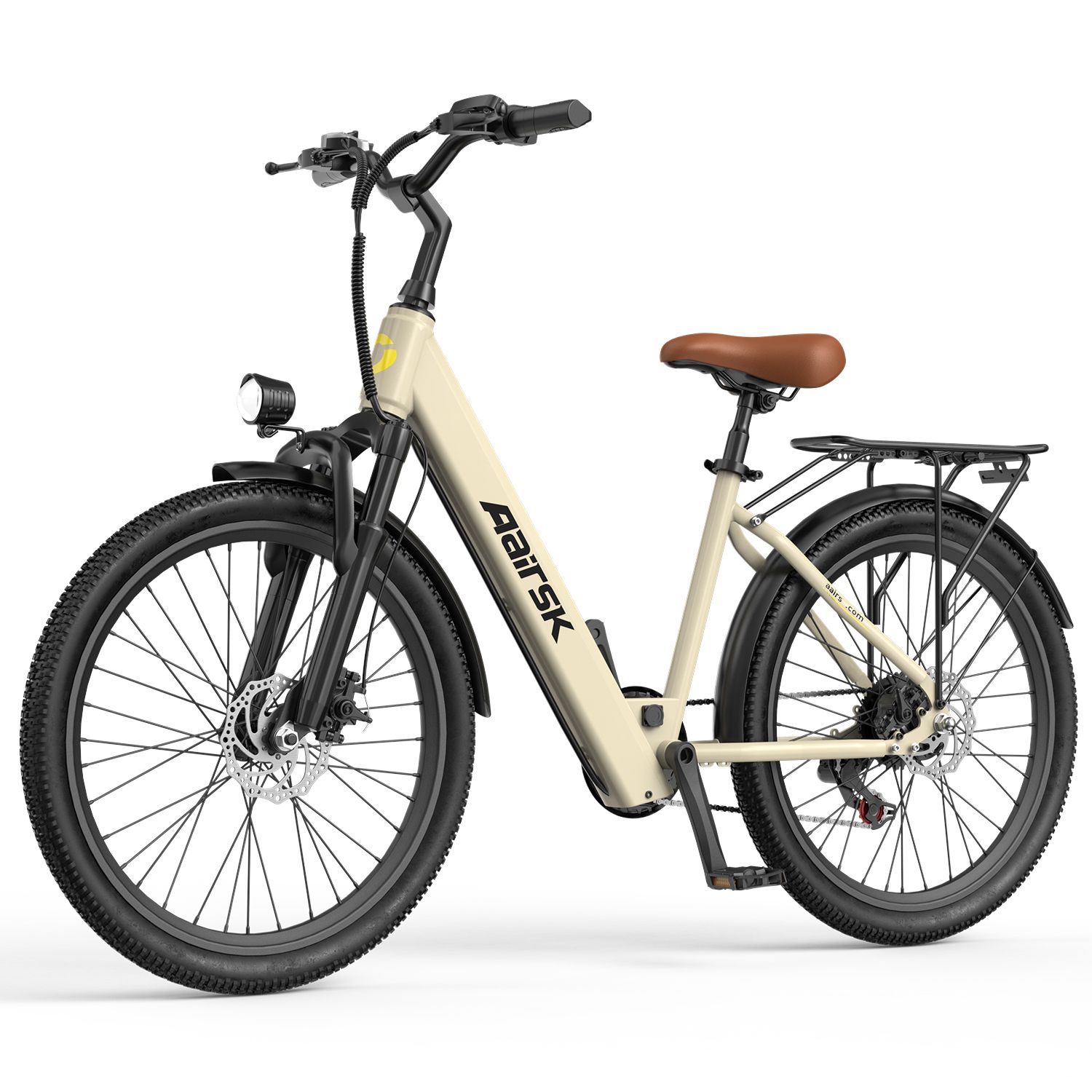 Bicicletta elettrica beige con telaio nero, sella marrone e faro anteriore. Marchio Aairsk.