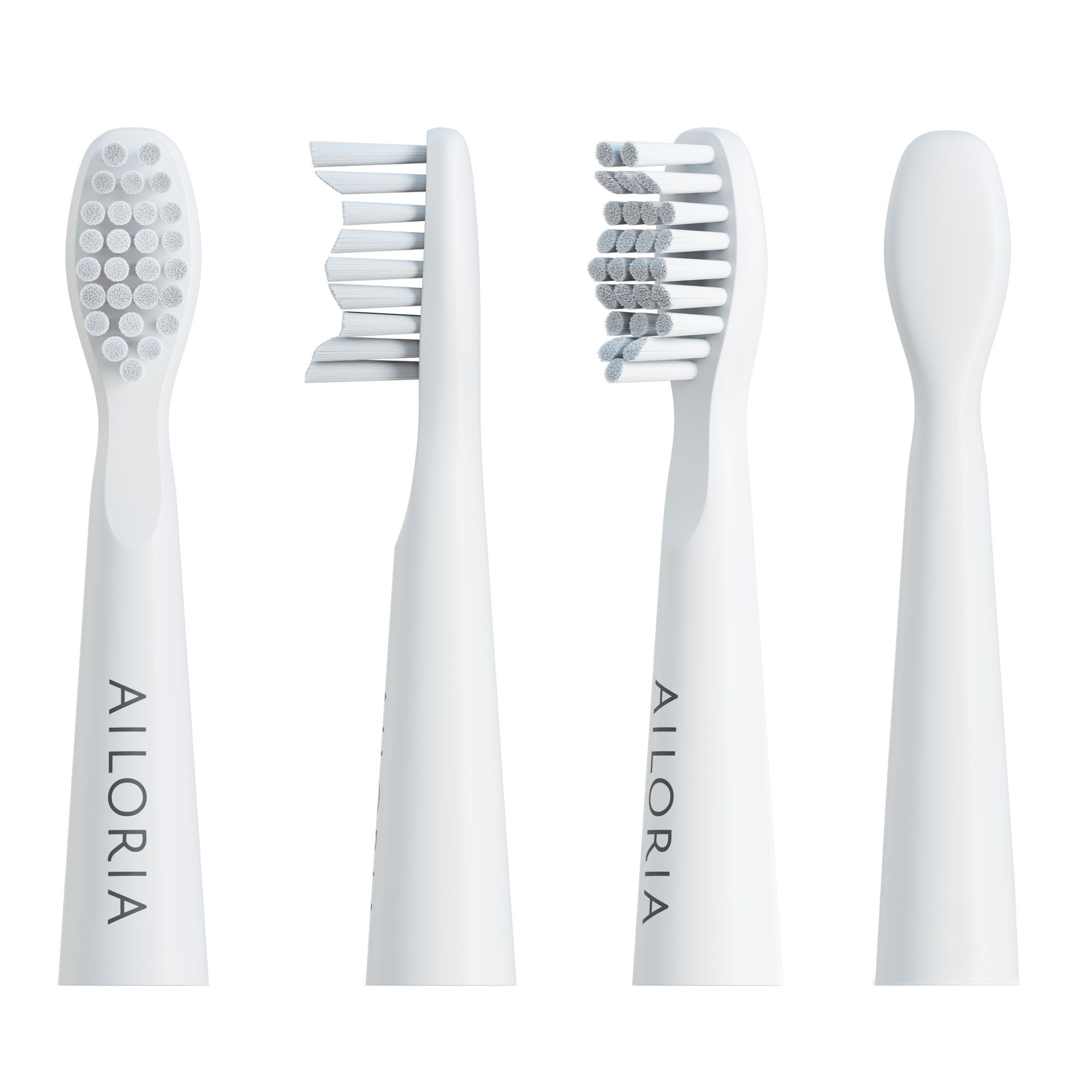 Quattro viste di una testina bianca. Logo AILORIA. Dettagli setole e forma.