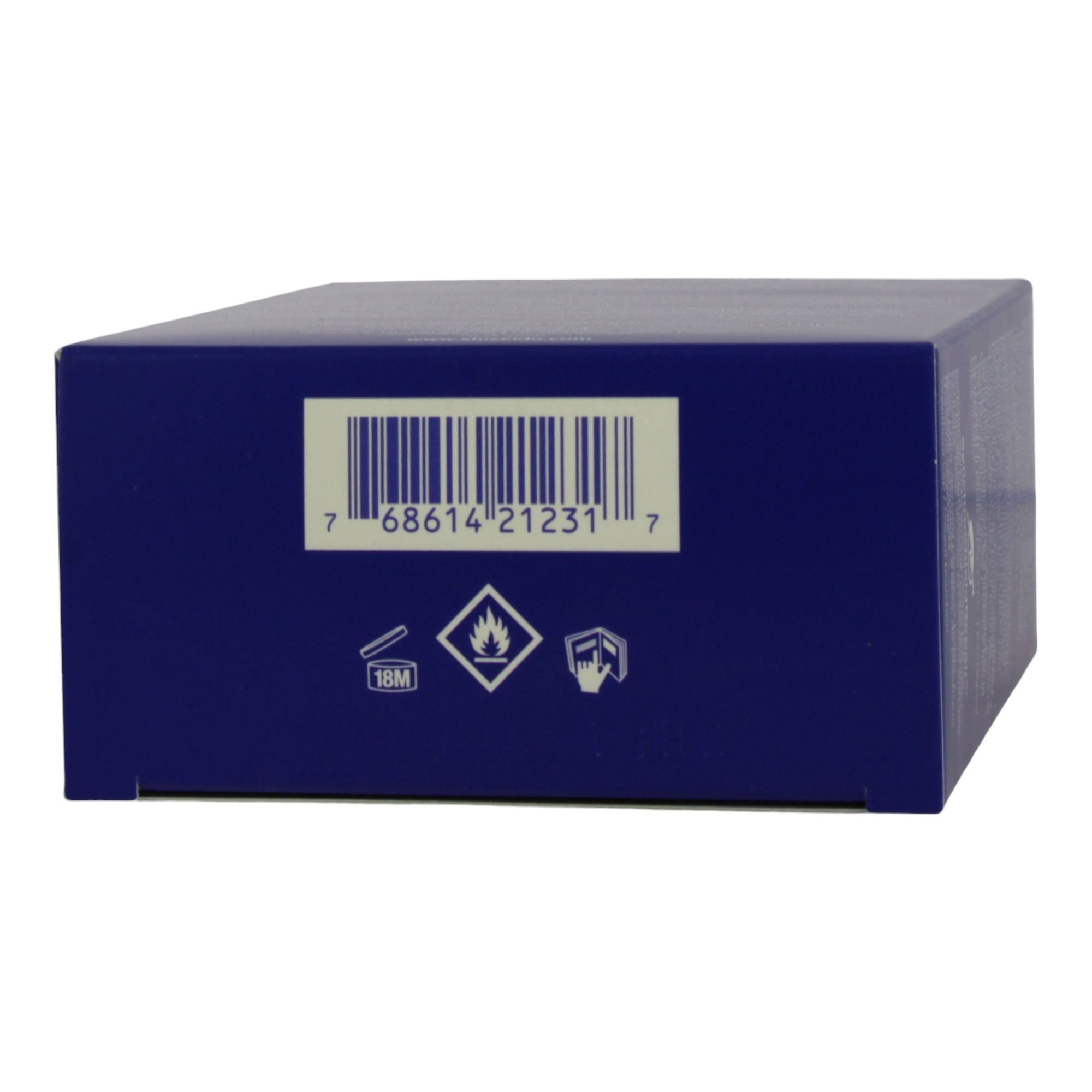 Scatola blu con codice a barre e pittogrammi. Contiene simboli di materiali infiammabili e precauzioni.