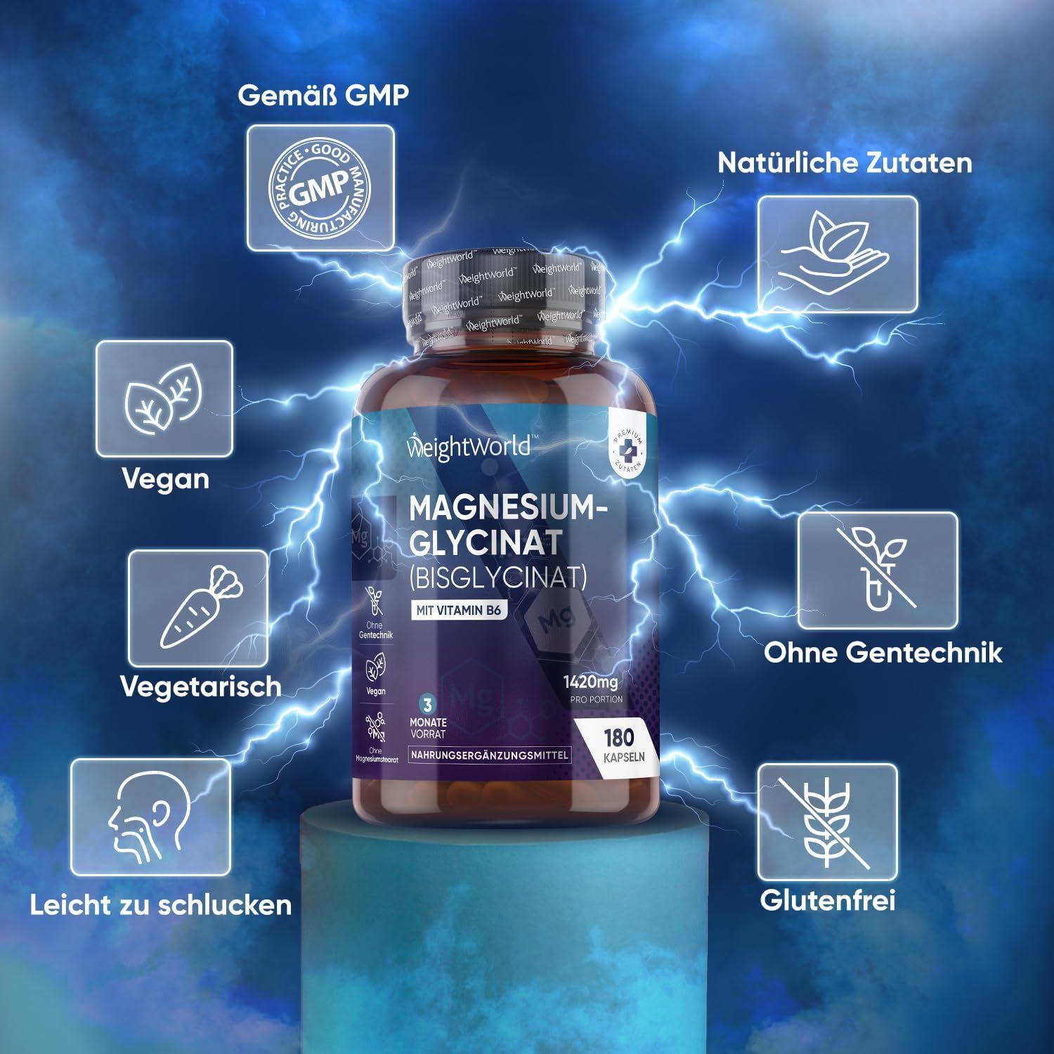 Flacone marrone con capsule. Testo: WeightWorld Magnesium Glycinate (Bisglycinate) con vitamina B6. Caratteristiche: vegano, vegetariano, senza glutine.
