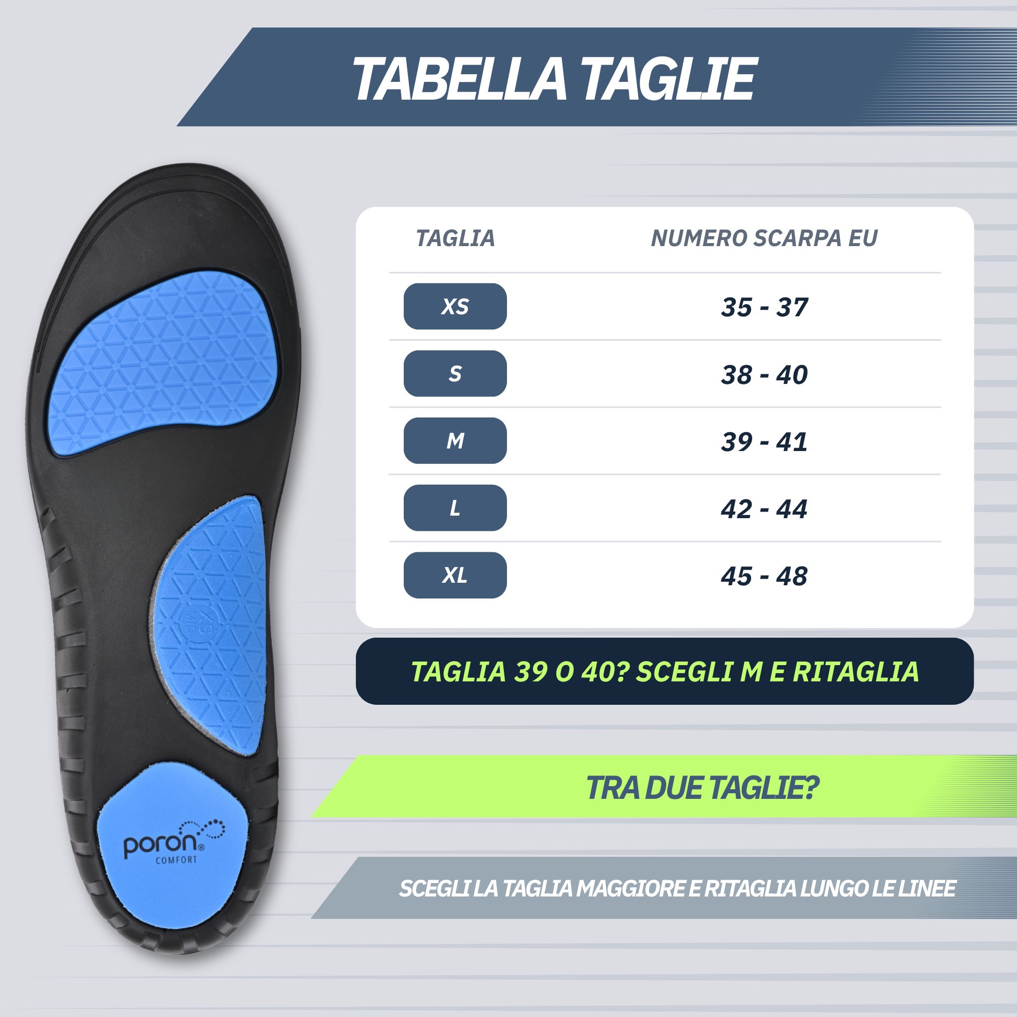 Tabella taglie per solette: XS (35-37), S (38-40), M (39-41), L (42-44), XL (45-48).
