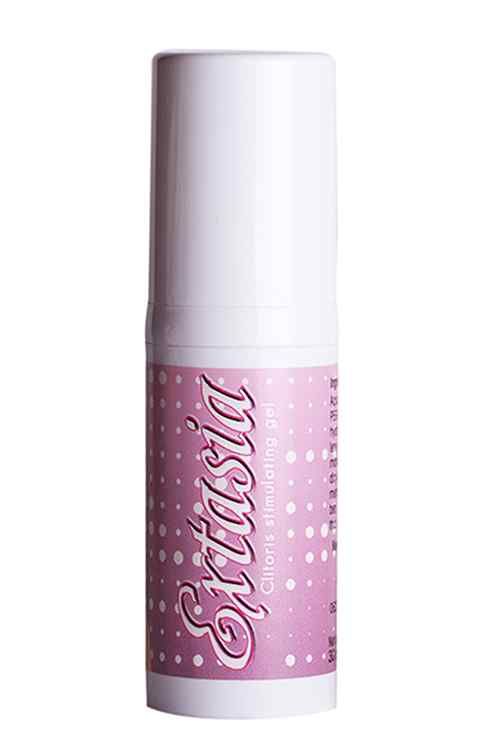 Flacone bianco con etichetta rosa. Scritta: Extasia, Clitoris stimulating gel. Tappo bianco.