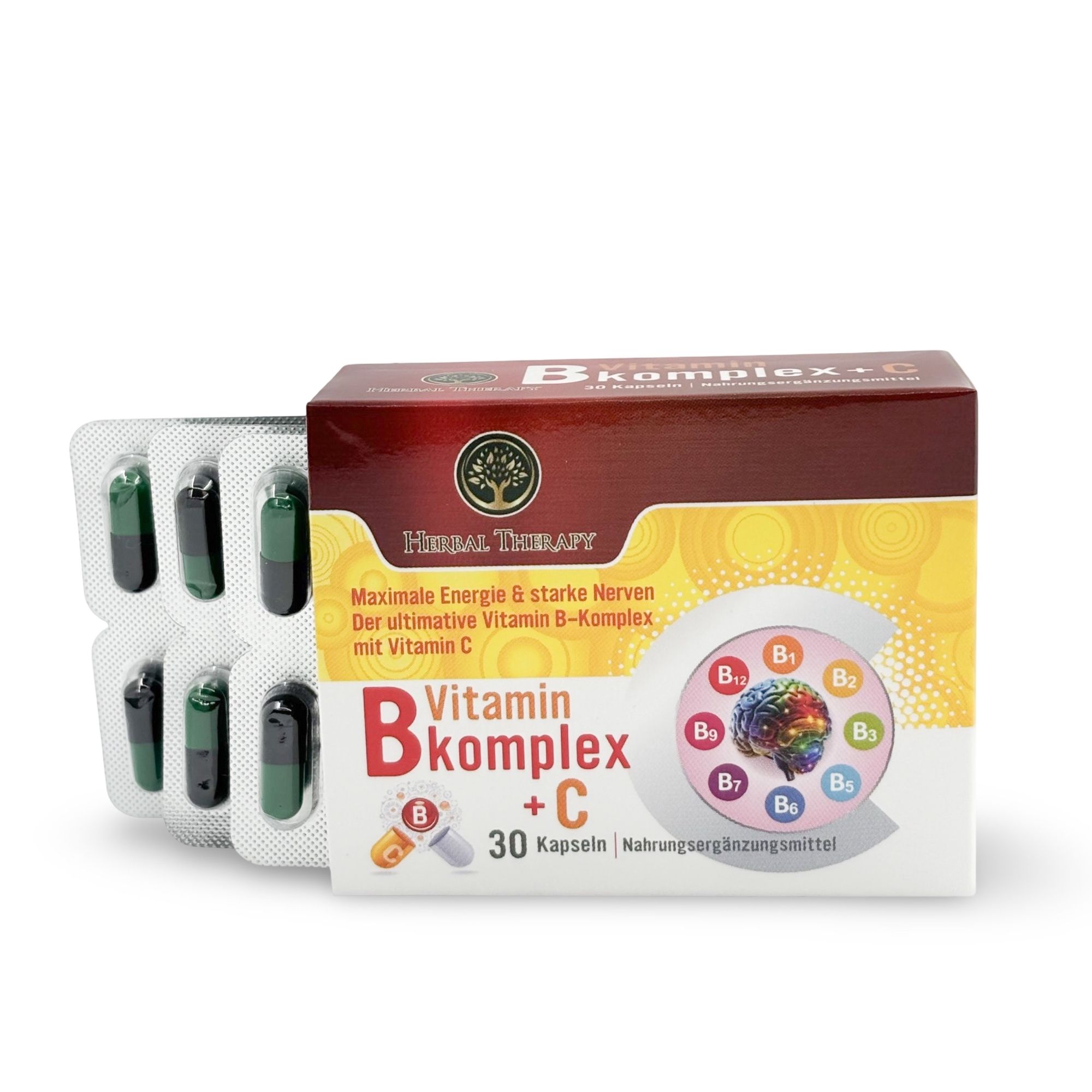 Confezione di vitamina B-Komplex + C con blister. Scritta: Herbal Therapy, vitamina B-Komplex + C, 30 capsule. Capsule in blister.