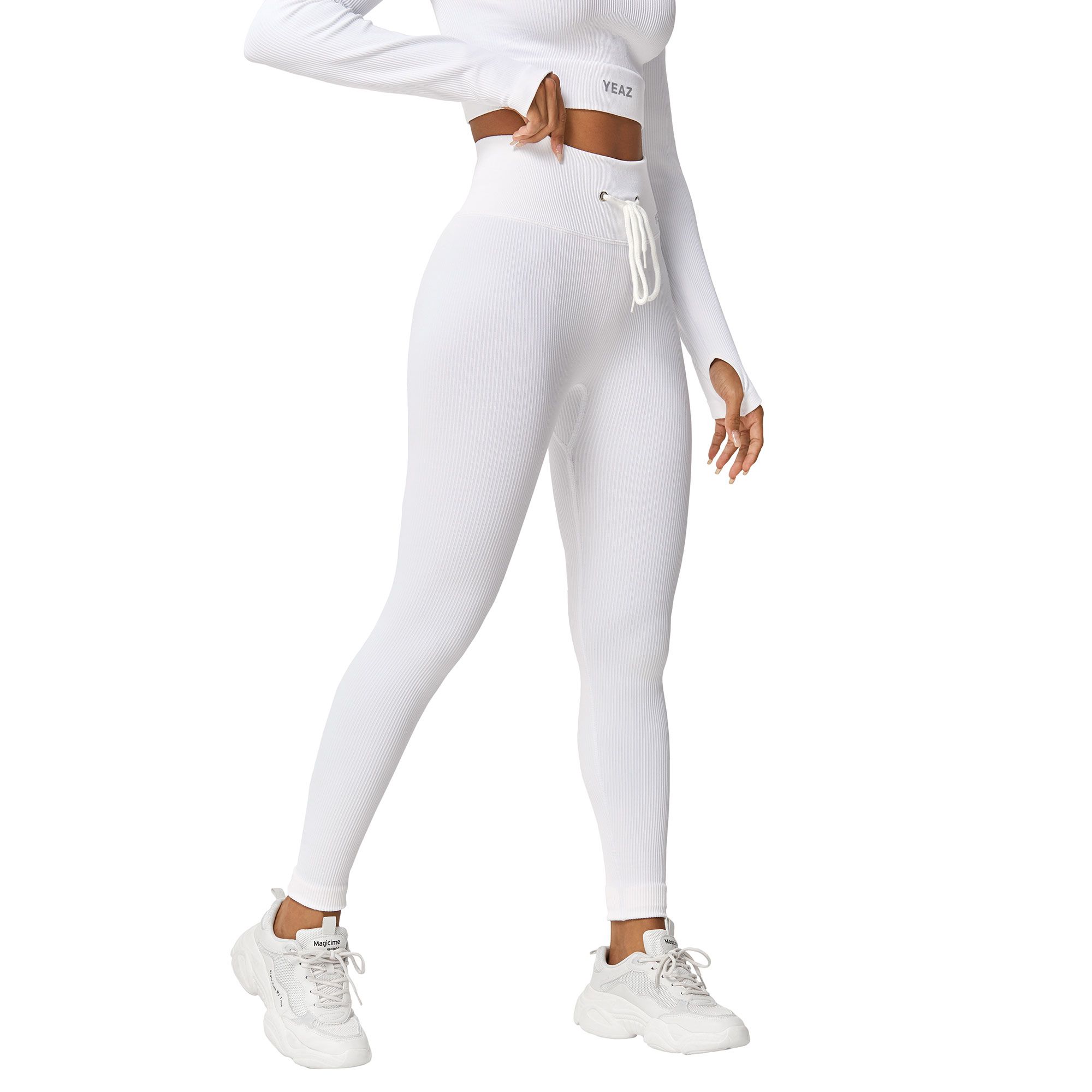 Leggings bianchi aderenti a vita alta con coulisse bianca.