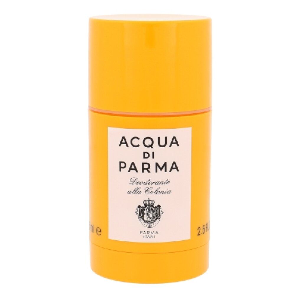 Stick deodorante giallo con etichetta bianca. Scritta: ACQUA DI PARMA, Deodorante alla Colonia. Logo e scritta PARMA (ITALY).