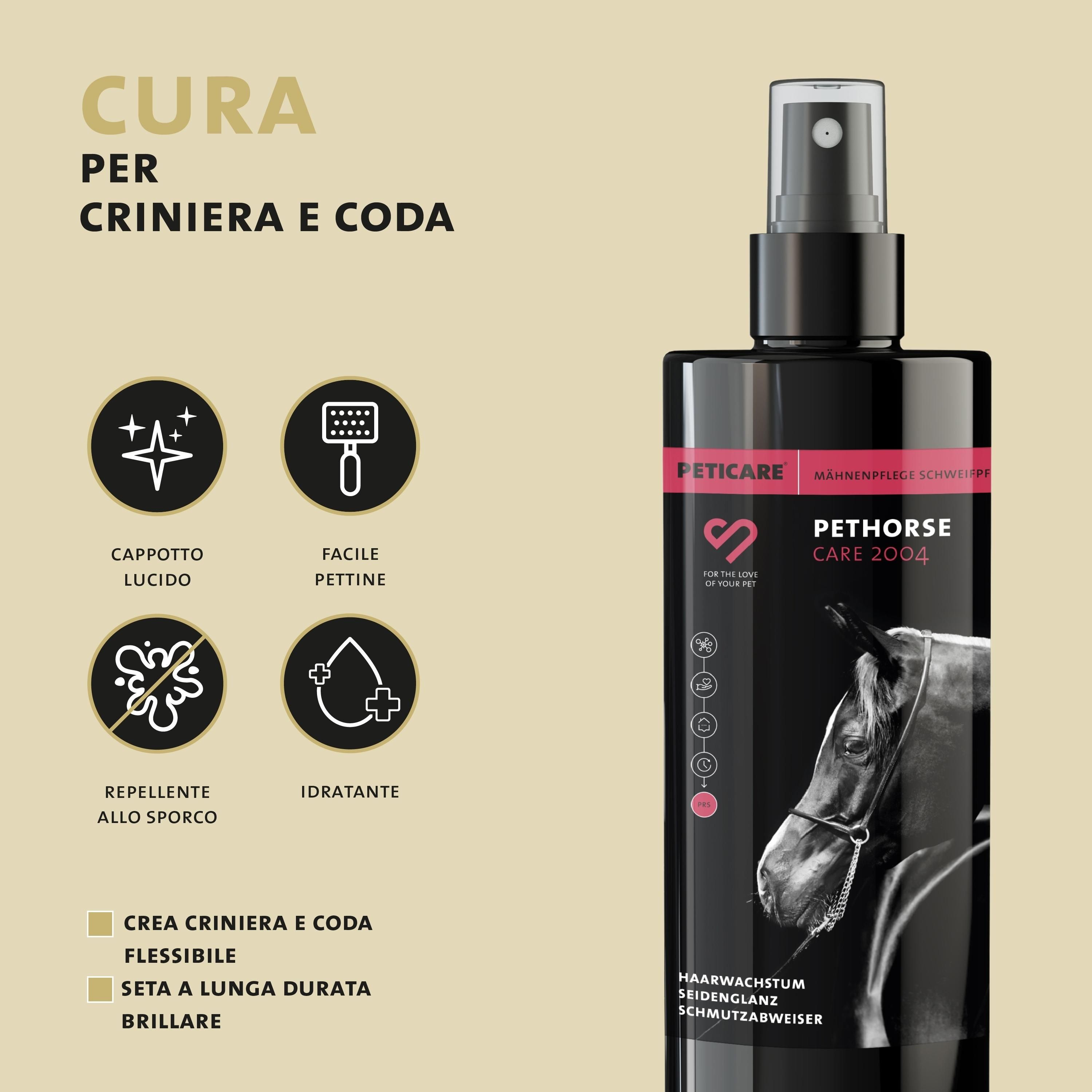 Flacone nero con spruzzatore. Testo: PETHORSE CARE 2004. Logo: PETICARE. Testo: CAPPOTTO LUCIDO, FACILE PETTINE.