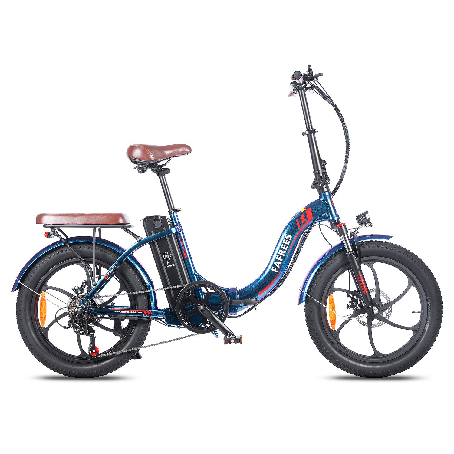 E-bike Fafrees F20 Pro blu, sella marrone, portapacchi. Pneumatici e cerchi neri. Batteria sul telaio.