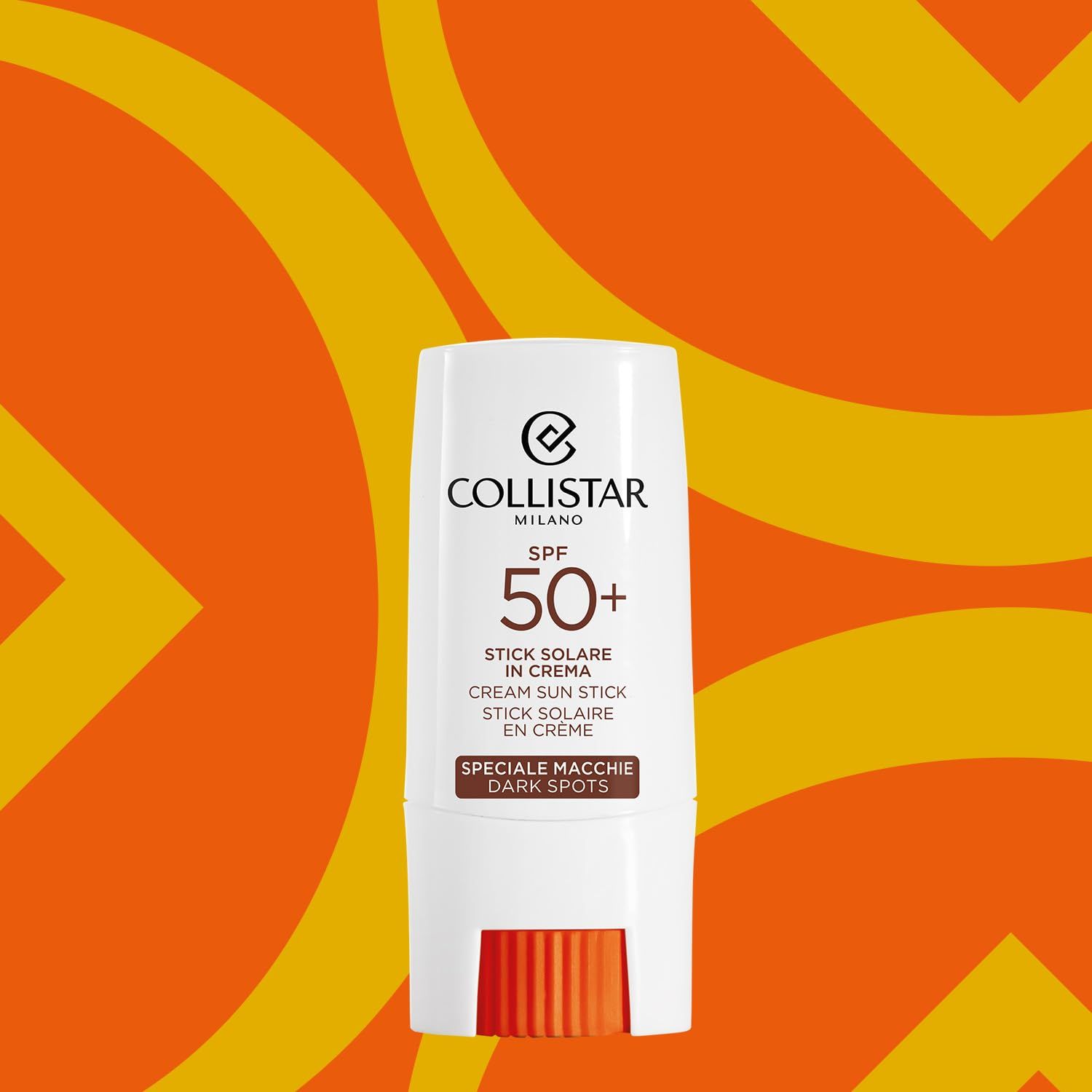 Stick solare bianco con applicatore arancione. Logo e SPF 50+ ben visibili.