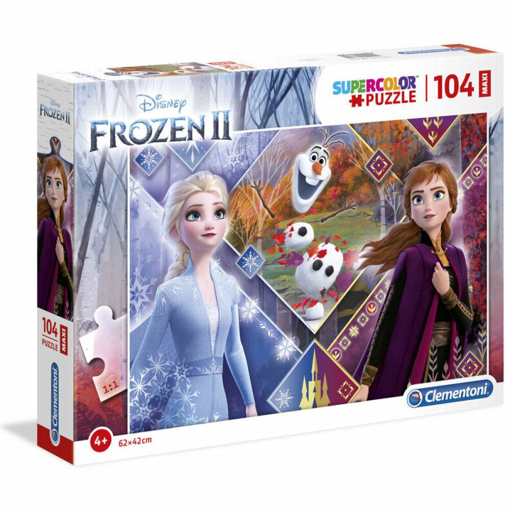 Scatola puzzle Disney Frozen II. Contiene 104 pezzi. Marchio Clementoni. Per bambini dai 4 anni in su. Dimensioni: 62x42 cm.