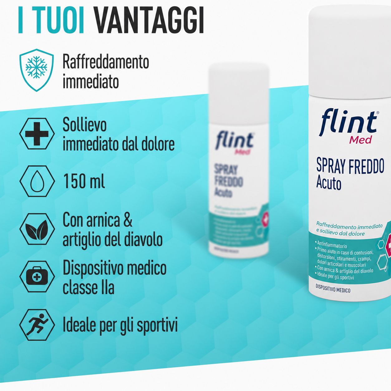 Spray bianco: flint Med Spray freddo Acuto. Testo: Raffreddamento immediato, sollievo dal dolore acuto, 150 ml, con Arnica e artiglio del diavolo, sportivi.