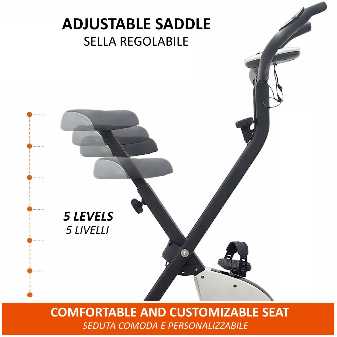 Cylette con sella regolabile. 5 livelli. Telaio nero, elemento bianco.