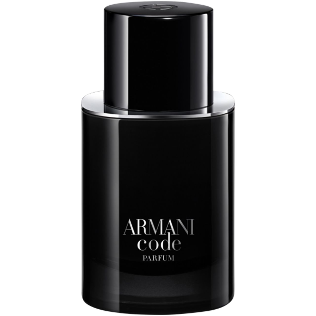 Flacone nero con tappo argentato. Scritta: ARMANI code PARFUM. Forma cilindrica.
