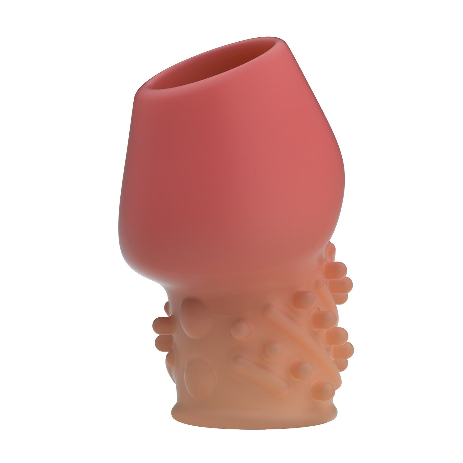 Prodotto cilindrico bicolore, rosa e beige. Superficie con borchie e protuberanze. Apertura superiore inclinata.