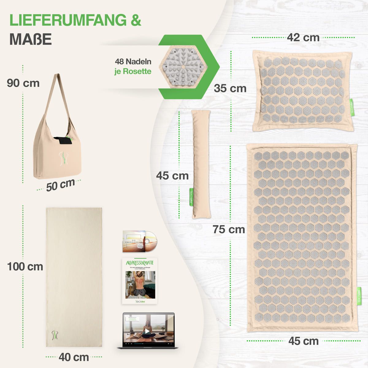 Set tappetino per digitopressione con accessori. Dimensioni: tappetino 100x45cm, cuscino 42x35cm, borsa 90x50cm. 48 aghi per rosetta. Brochure e laptop.