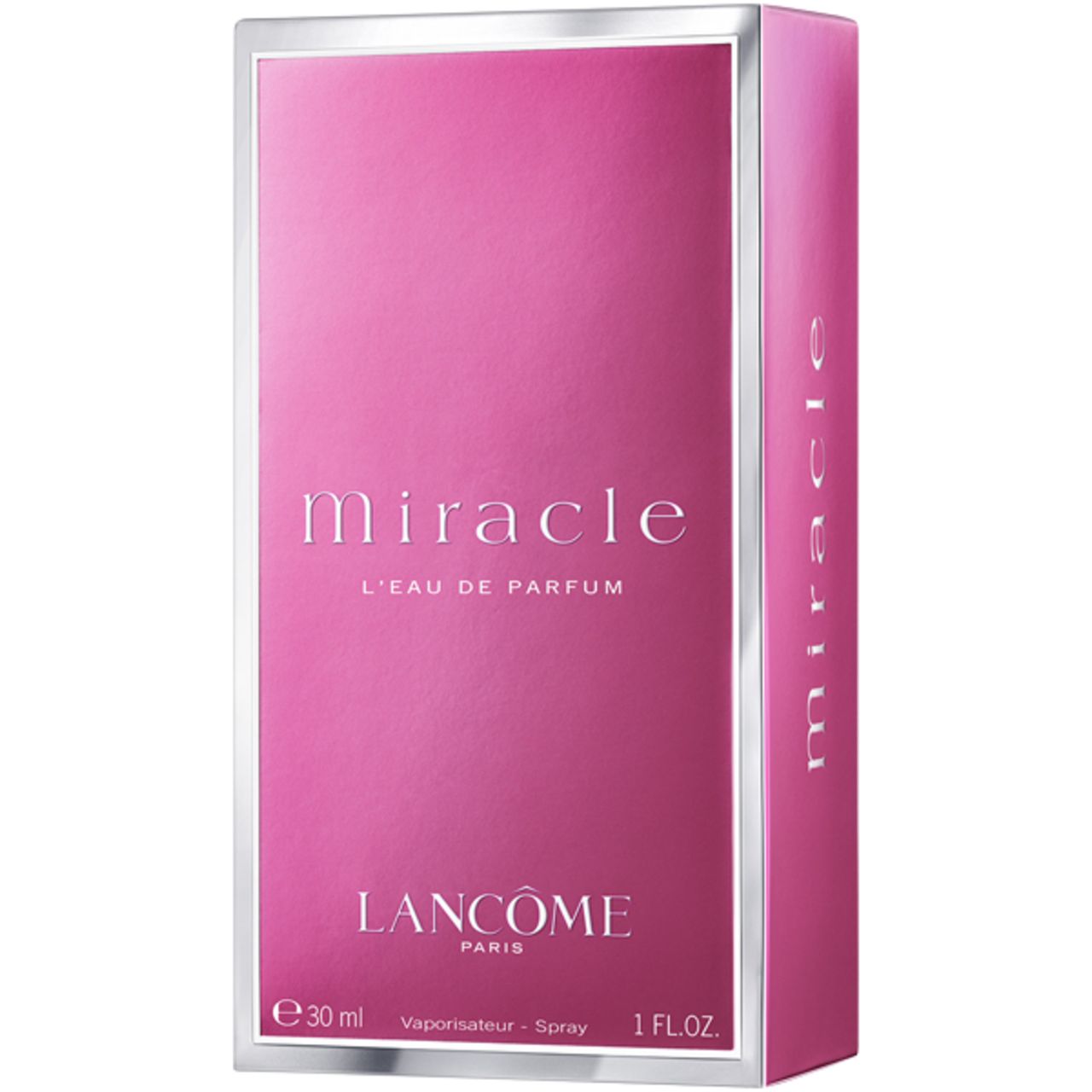 Scatola LANCÔME Miracle, rosa, cornice argento. Scritta: Miracle, L'EAU DE PARFUM, e 30 ml, 1 FL.OZ.