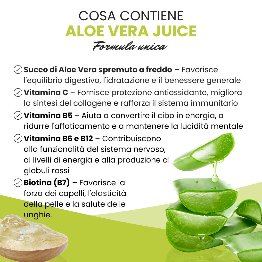 Aloe Vera Juice. Testo con elenchi: Succo di Aloe Vera spremuto a freddo, Vitamina C, B5, B6 & B12, Biotina. Foglie di Aloe Vera.
