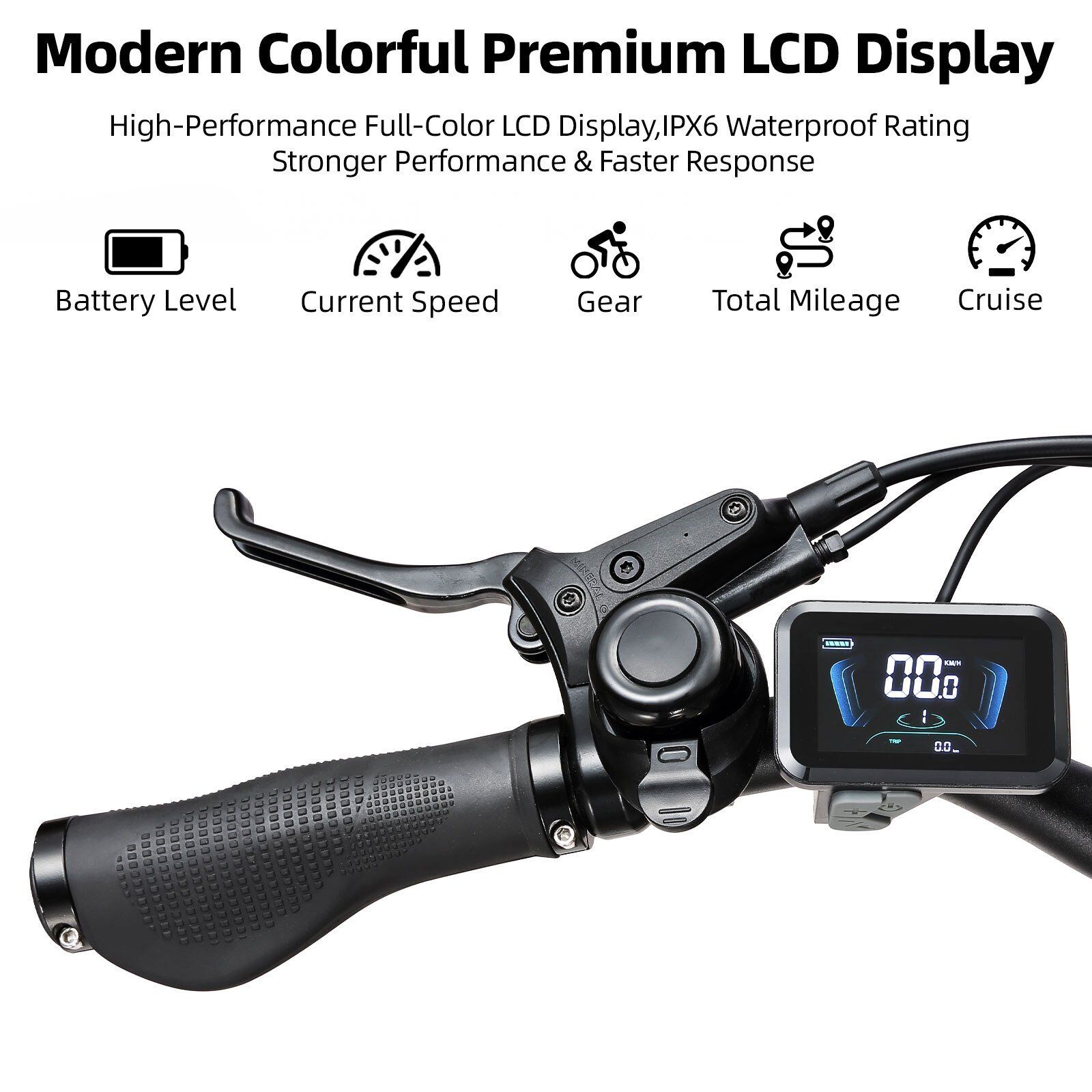 Primo piano del manubrio di una e-bike. Display LCD con informazioni su velocità, batteria e altro.
