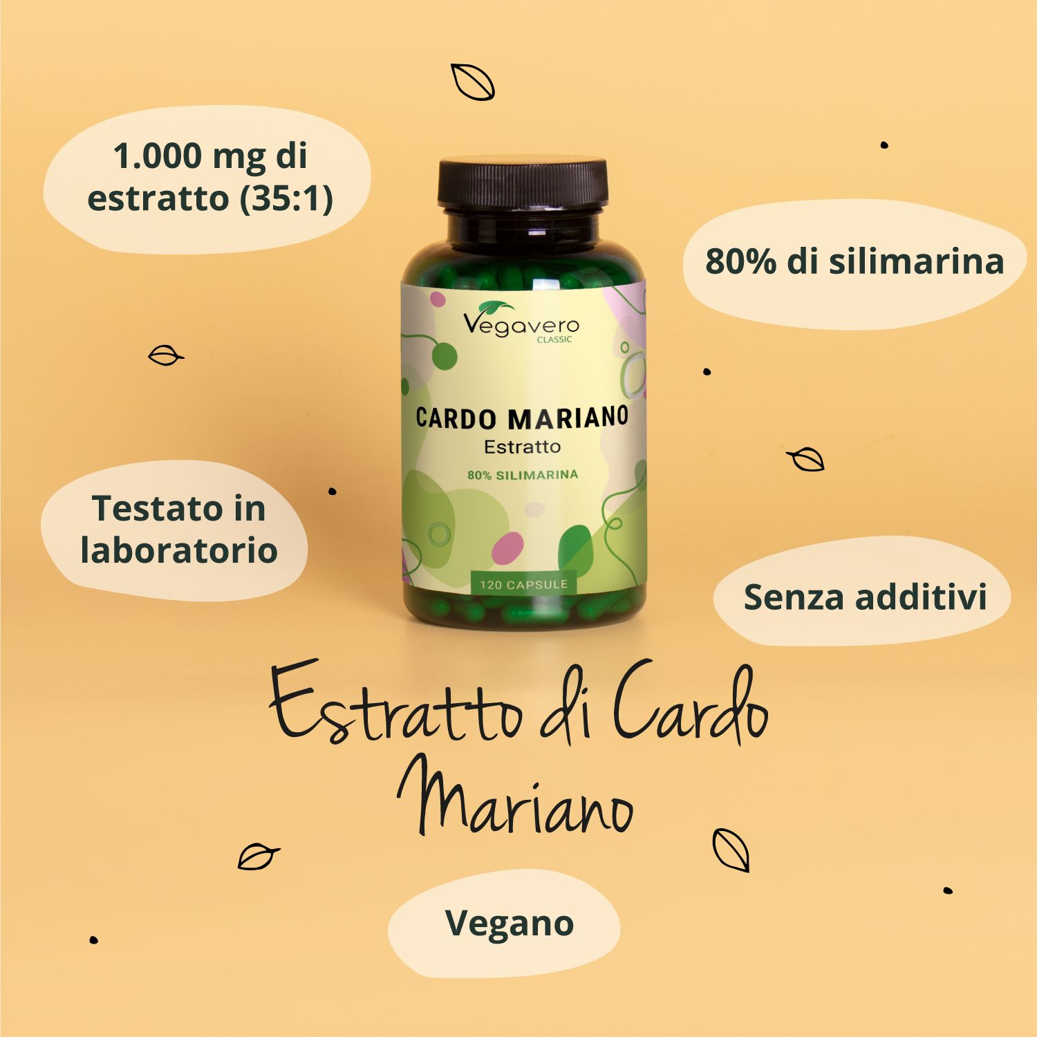 Flacone di capsule di estratto di Cardo Mariano. Scritta: Cardo Mariano, 80% Silimarina, 120 capsule. Informazioni e icone aggiuntive.
