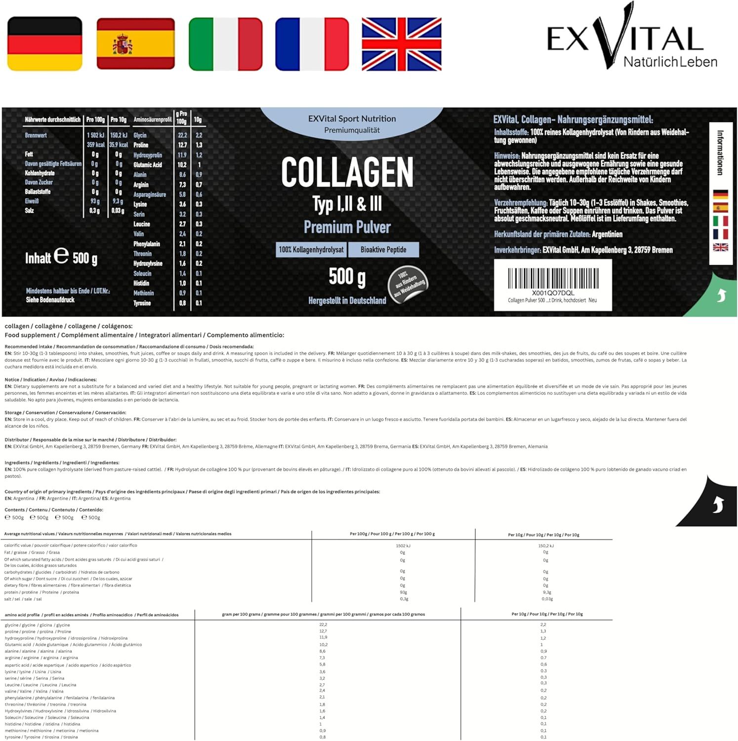 Etichetta EXVital Collagen Pulver, tipo I, II & III, 500g. Informazioni nutrizionali. Informazioni multilingue.