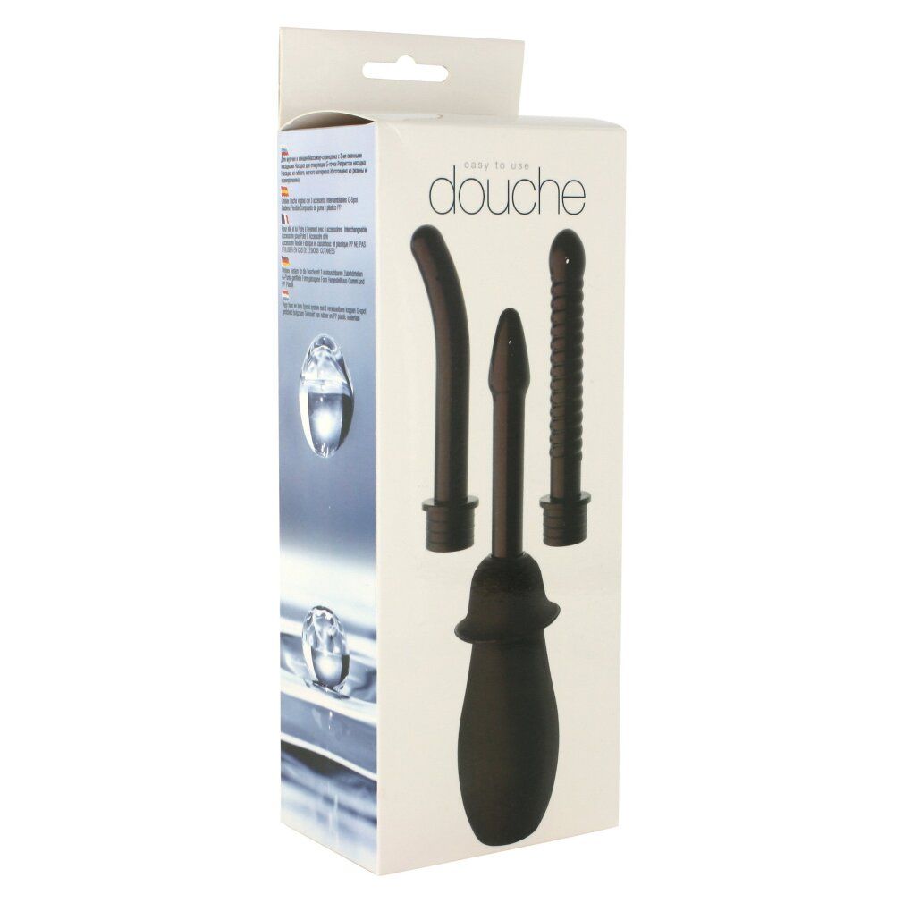 Kit per doccia anale nero in confezione. Include una sacca e tre accessori. Sulla confezione è scritto "douche".