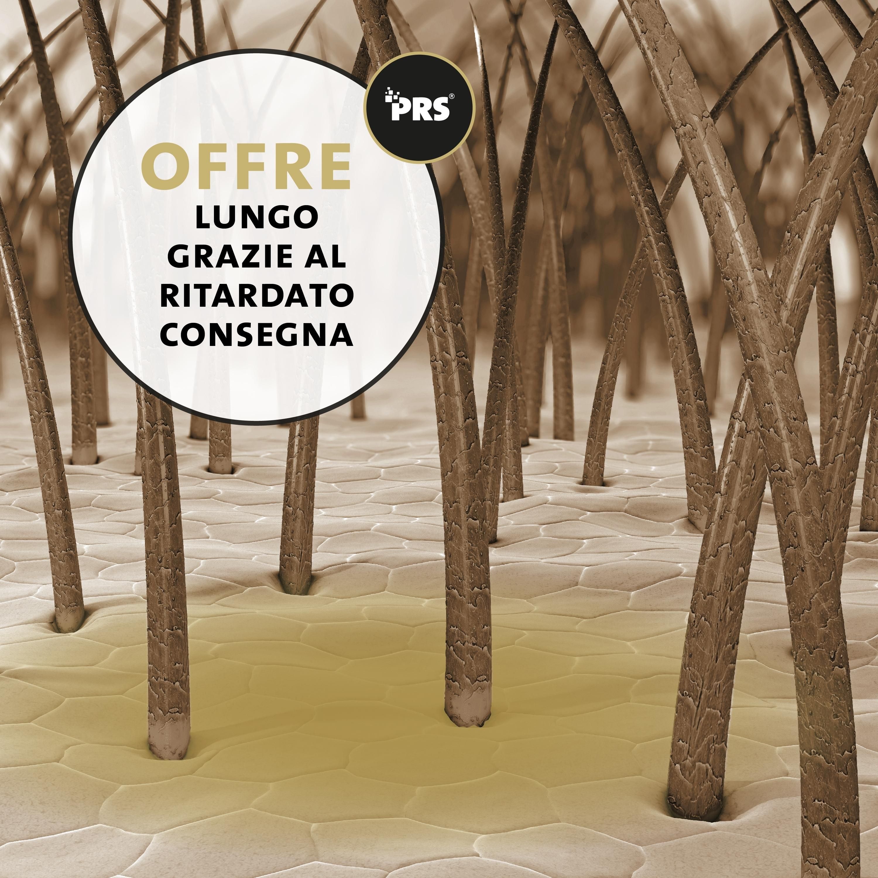 Primo piano dei peli di cavallo. Testo: Agisce a lungo grazie al rilascio ritardato. Logo PRS.