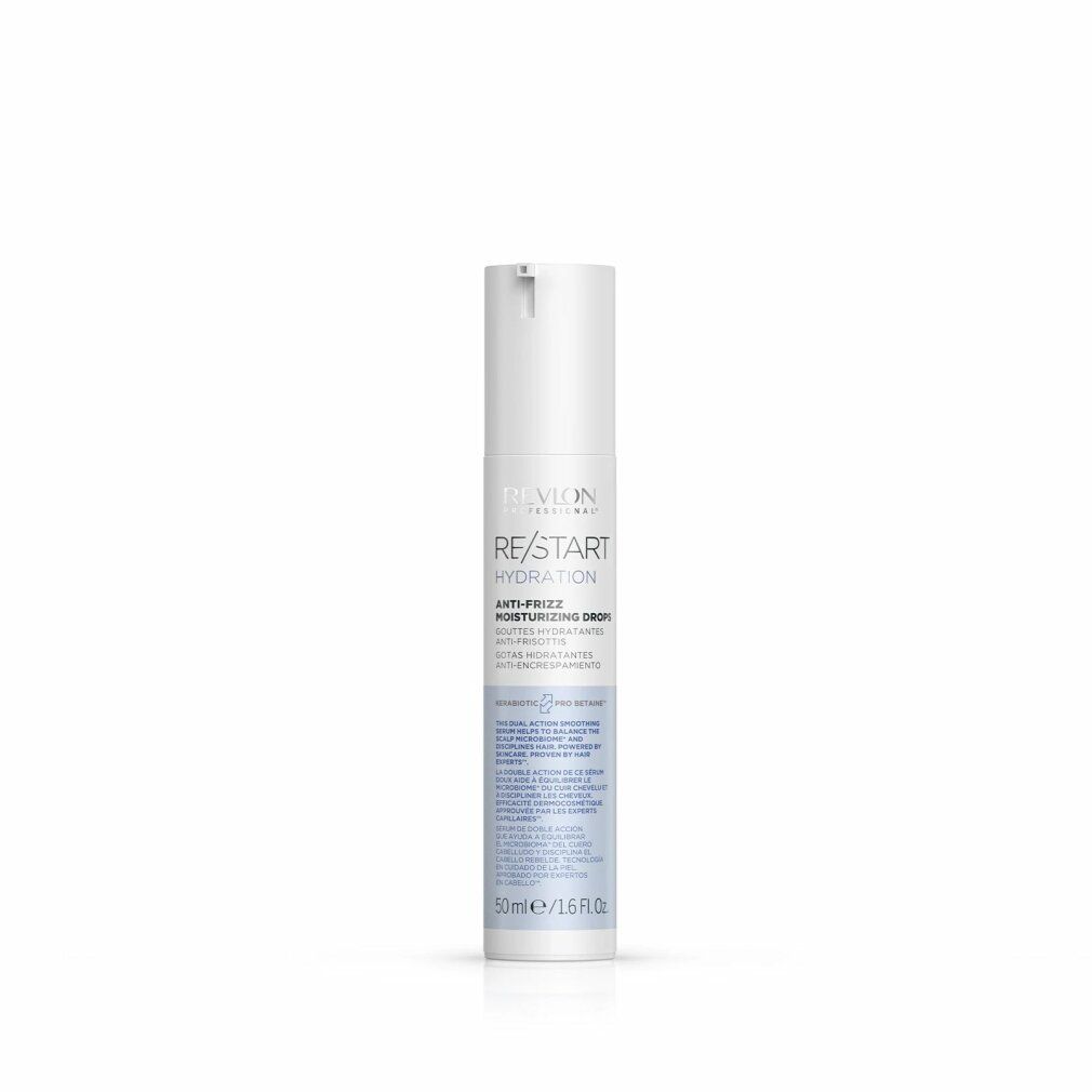 Flacone bianco con etichetta. Testo: RE/START Hydration Anti-Frizz Moisturizing Drops. 50ml/1.6 fl oz.