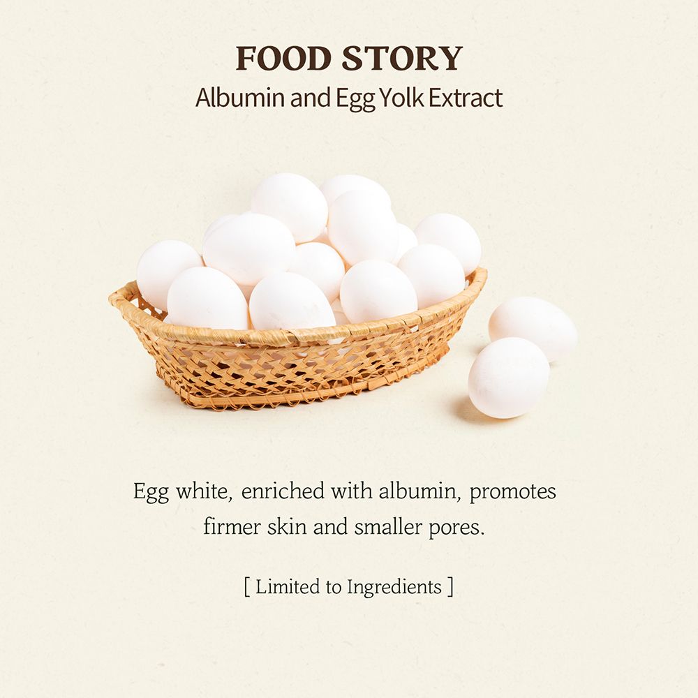 Cesto di uova. Testo: Egg white, enriched with albumin, promotes firmer skin and smaller pores.