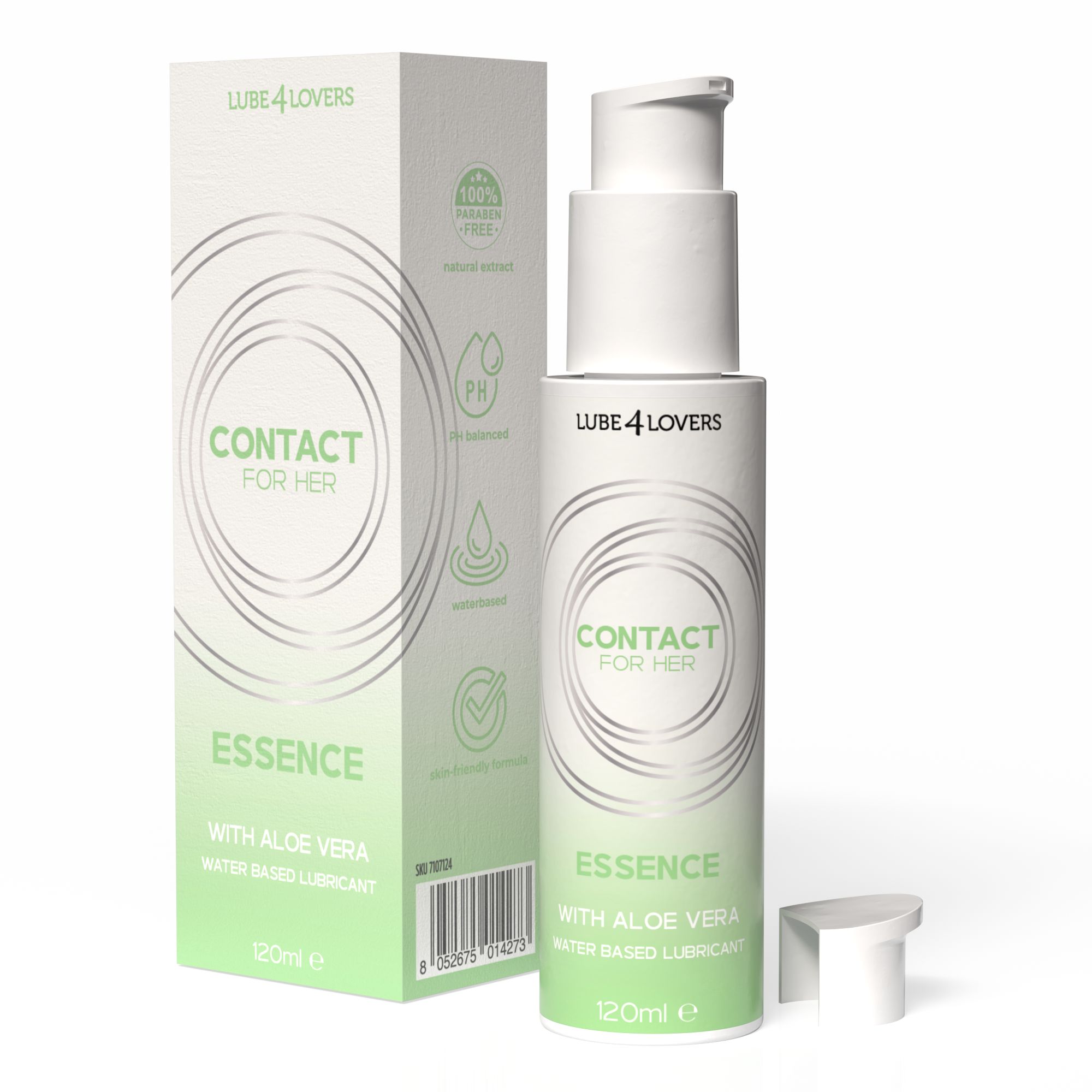 Flacone e scatola con testo. Scritta: Contact for Her Essence, con Aloe Vera, lubrificante a base d'acqua. 120ml. Tappo accanto.