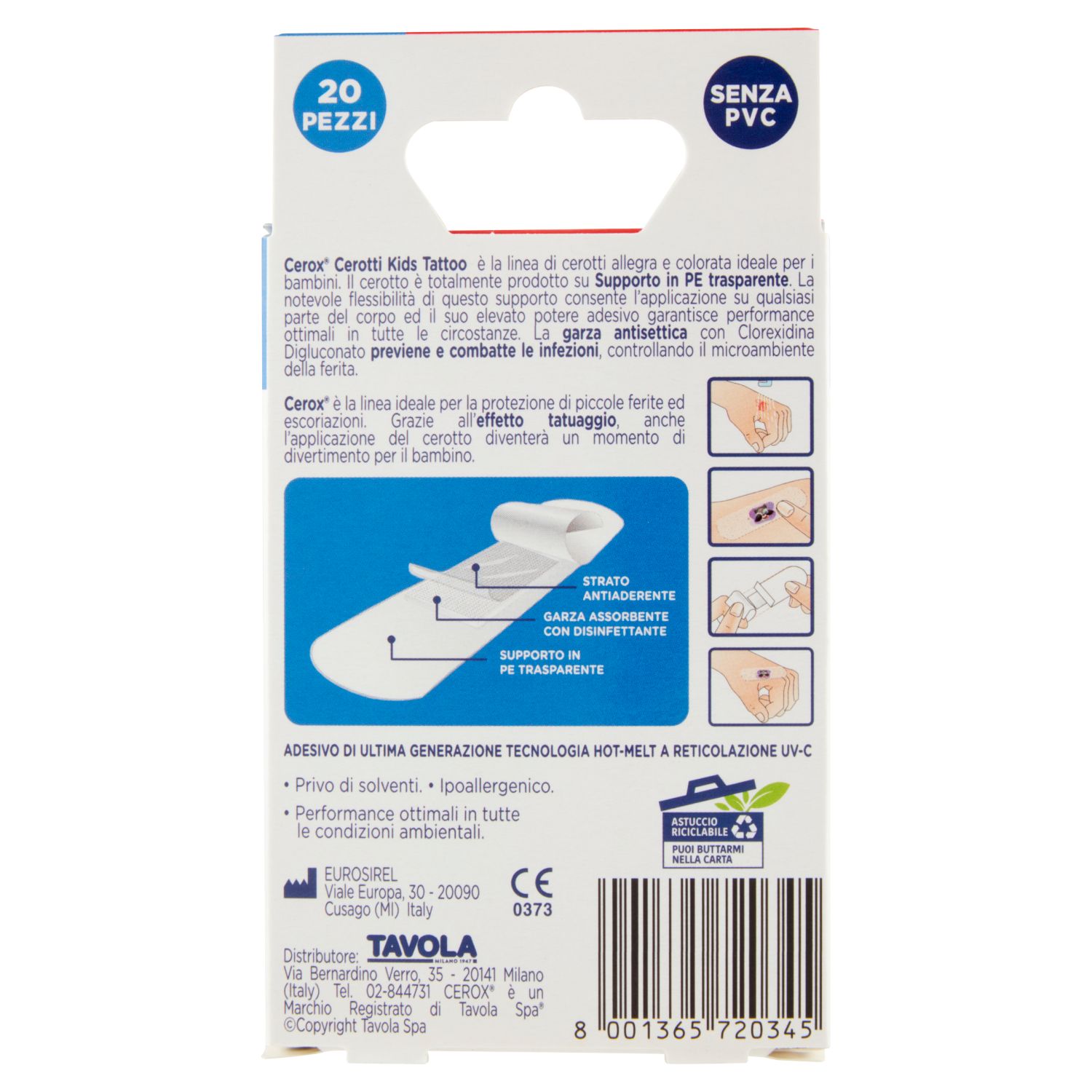 Cerox Cerotti Kids Tattoo, 20 pezzi – supporto in PE trasparente, garza antisettica, ipoallergenici