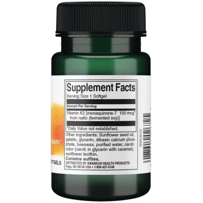 Retro del flacone verde. Scritta: Supplement Facts, Vitamin K2 (menaquinone-7 100 mcg), ingredienti, Swanson Health Products.