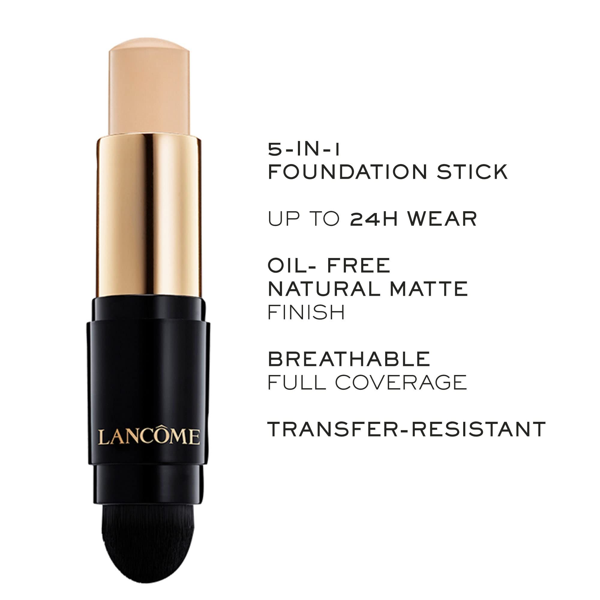 Stick trucco con testo. 5-in-1, durata 24h, oil-free, finish opaco, traspirante, coprenza totale, no-transfer. Lancôme.