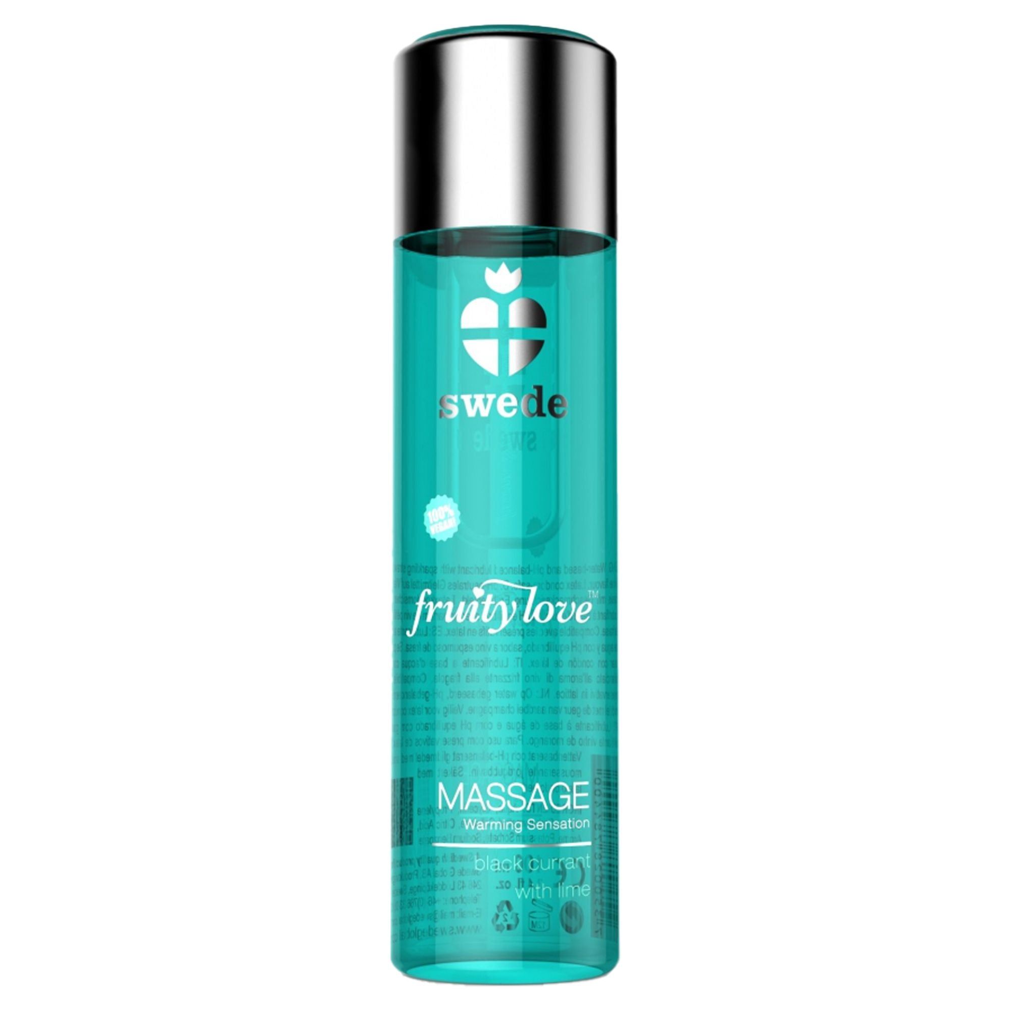 Flacone cilindrico con tappo argentato. Scritte: swede, fruity love, Massage. Liquido turchese.