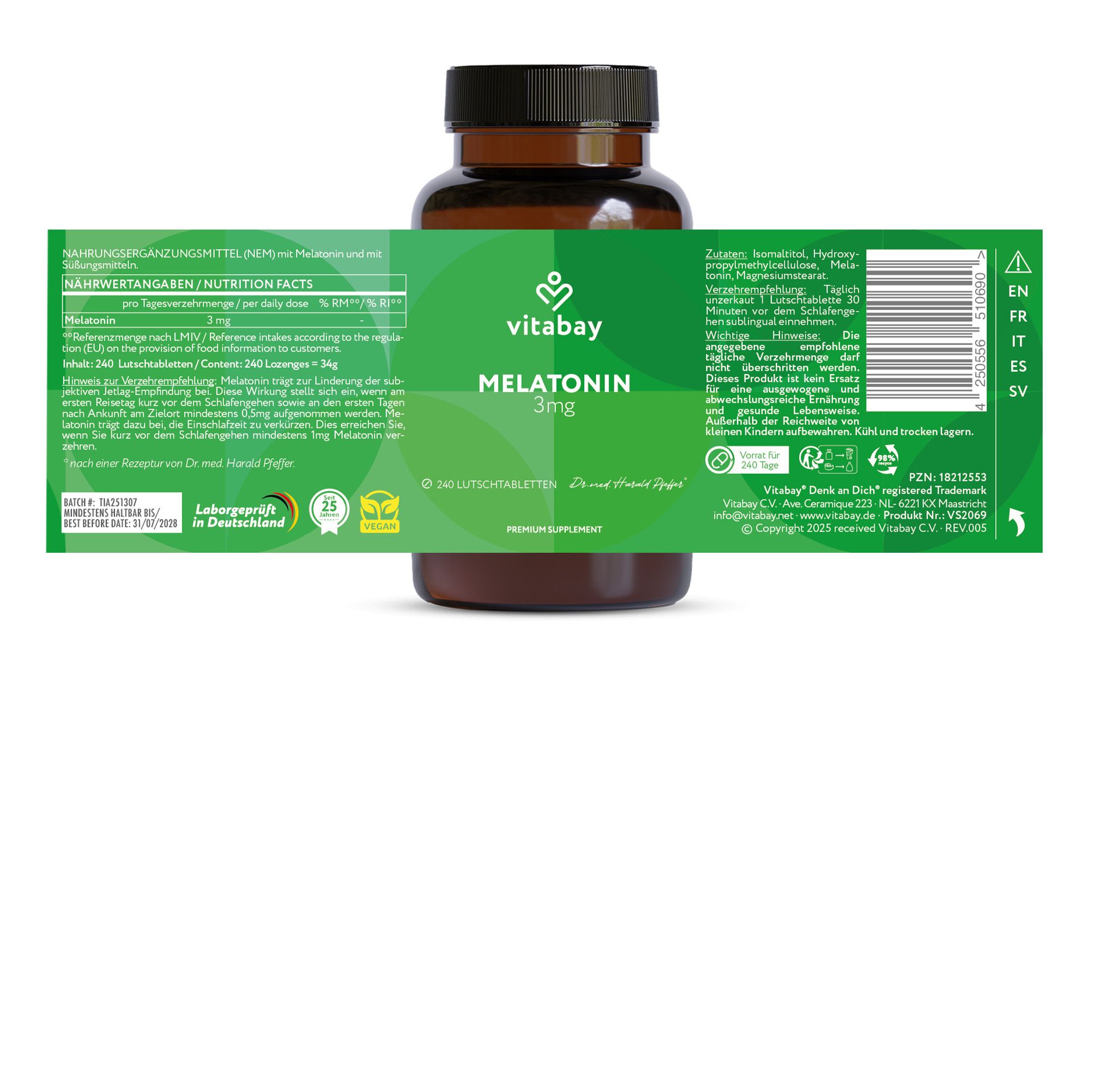 Flacone marrone con etichetta. Scritta: "vitabay Melatonin 3mg". Contiene informazioni su ingredienti e valori nutrizionali. Certificazioni.