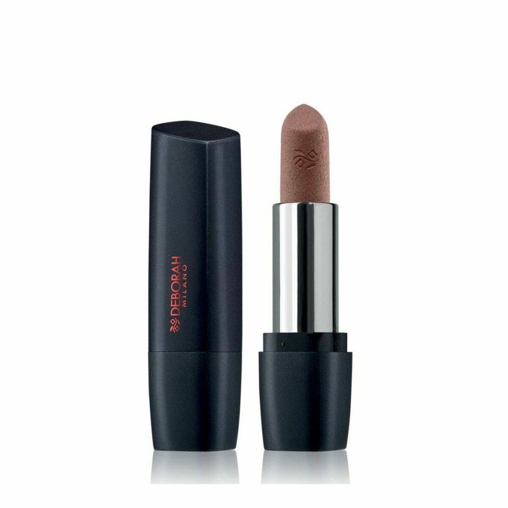Rossetto marrone scuro. Astuccio nero con scritta rossa. Marchio: Deborah Milano.