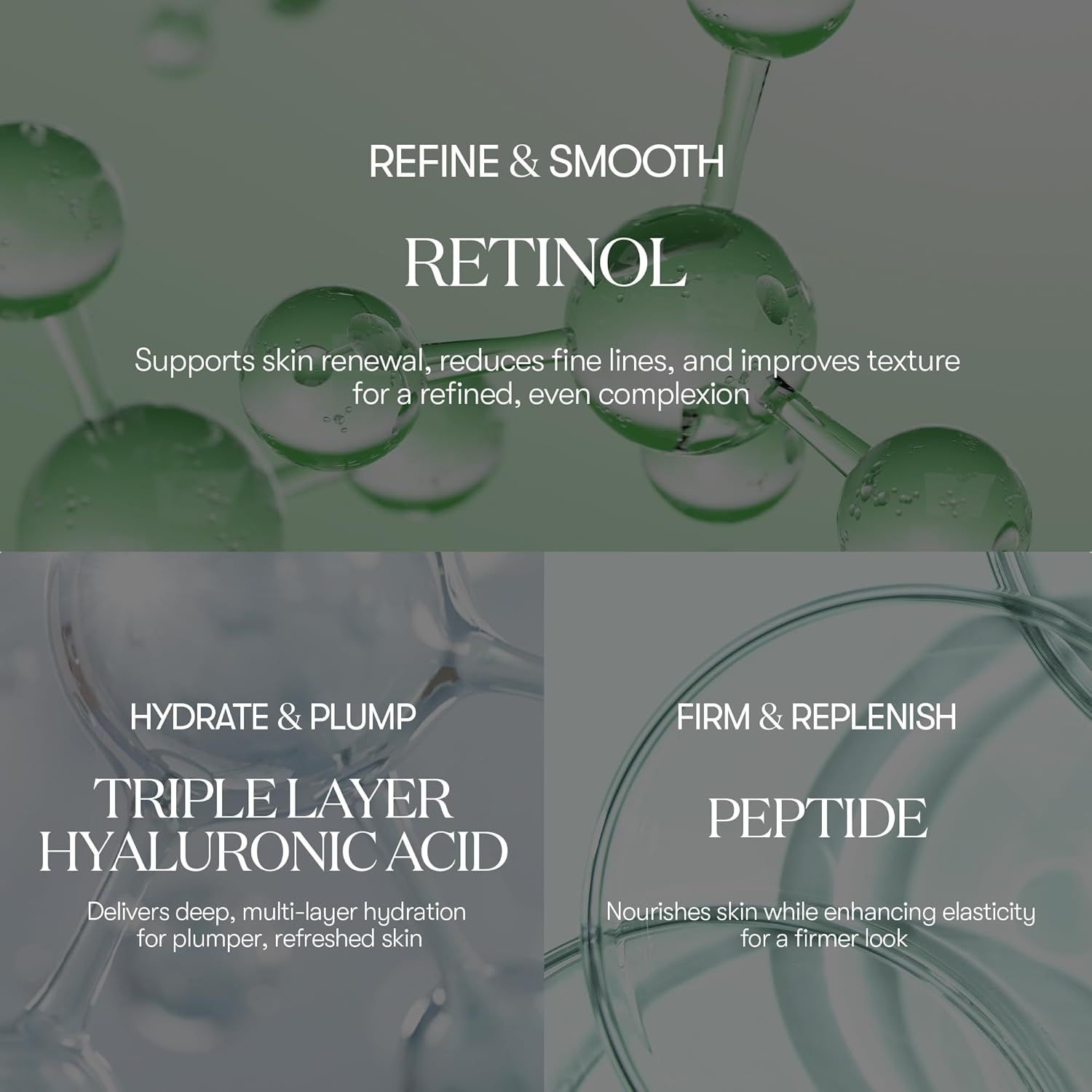 Grafico con i termini RETINOL, ACIDO IALURONICO e PEPTIDE. Descrizioni sul rinnovamento della pelle, l'idratazione e l'elasticità.