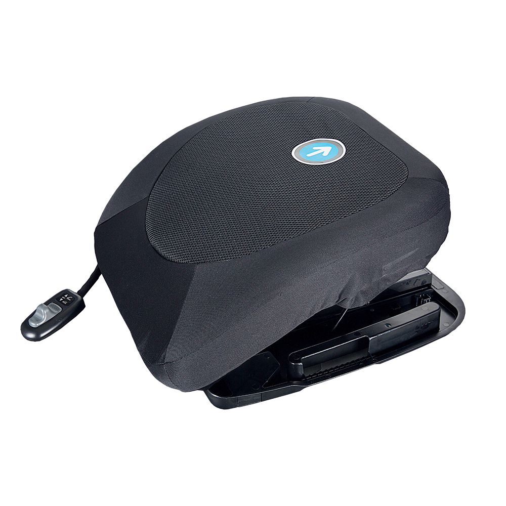 Dispositivo elettrico nero per l'assistenza al sollevamento con logo blu e telecomando. Forma arrotondata.